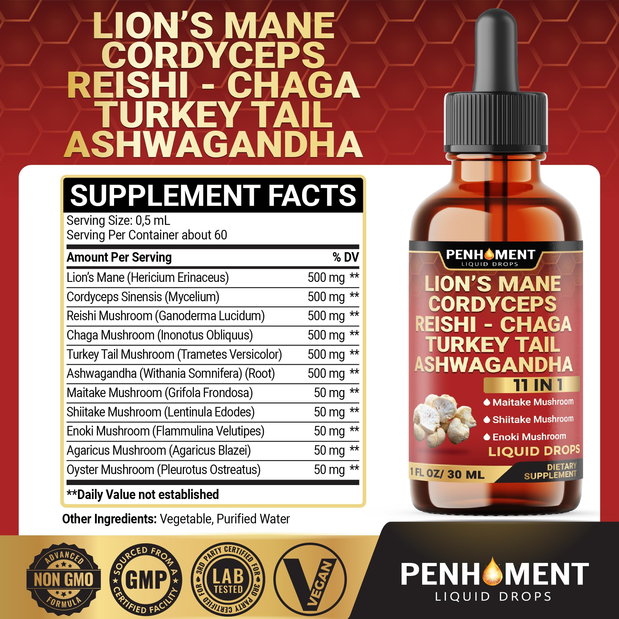 Penhoment 10in1 Liquid Mushroom Blend bottle side view