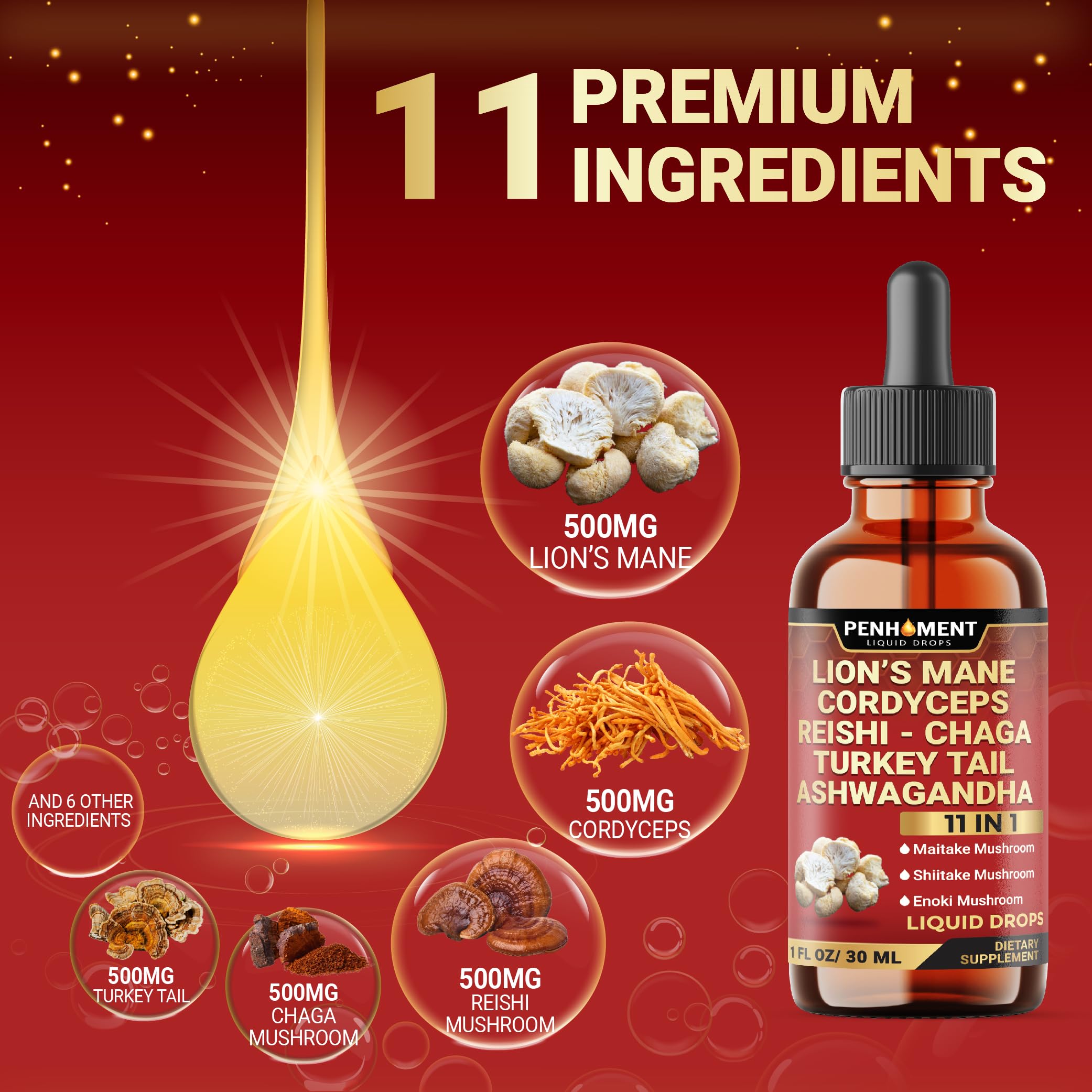 Penhoment 10in1 Liquid Mushroom Blend ingredients list