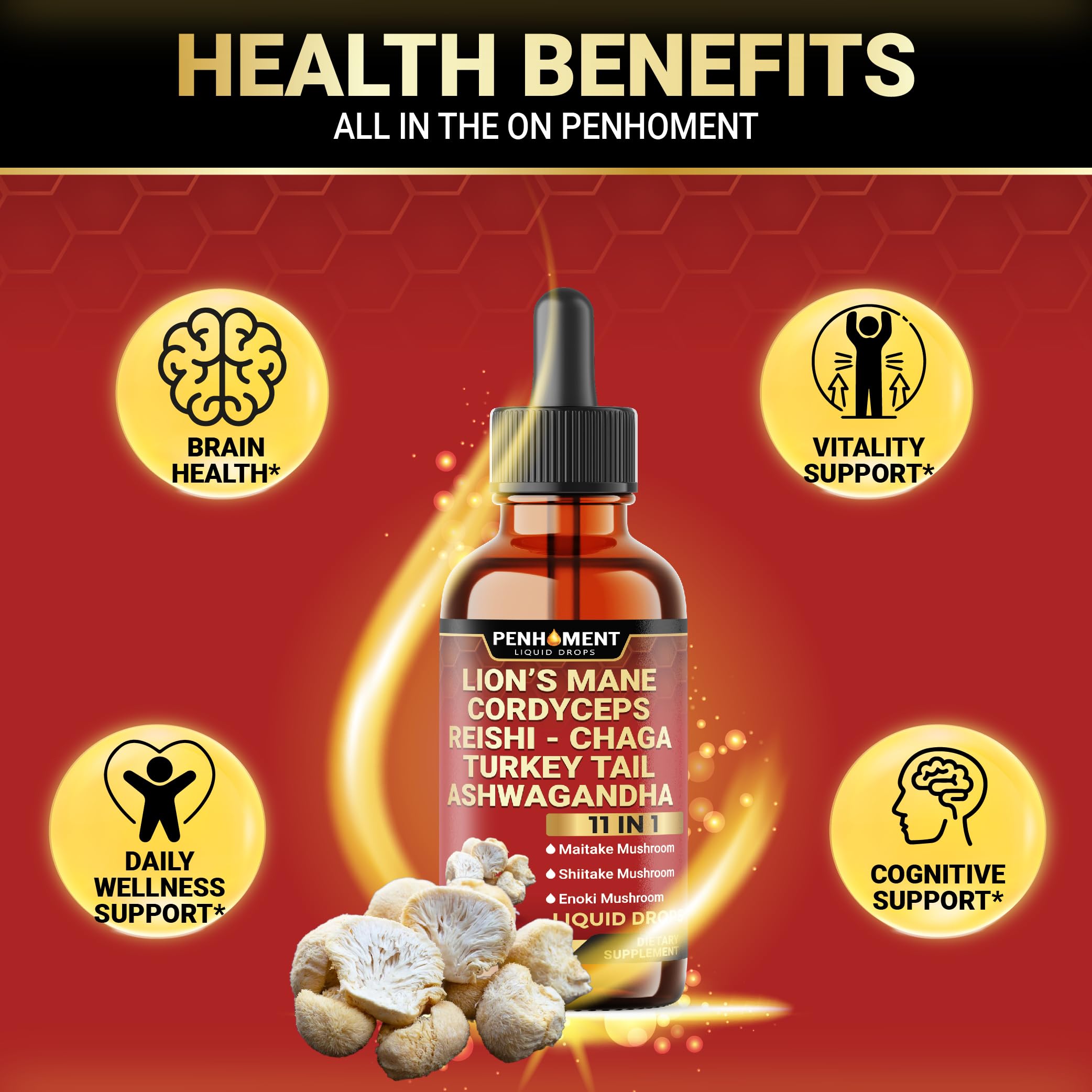 Penhoment 10in1 Liquid Mushroom Blend with measuring dropper