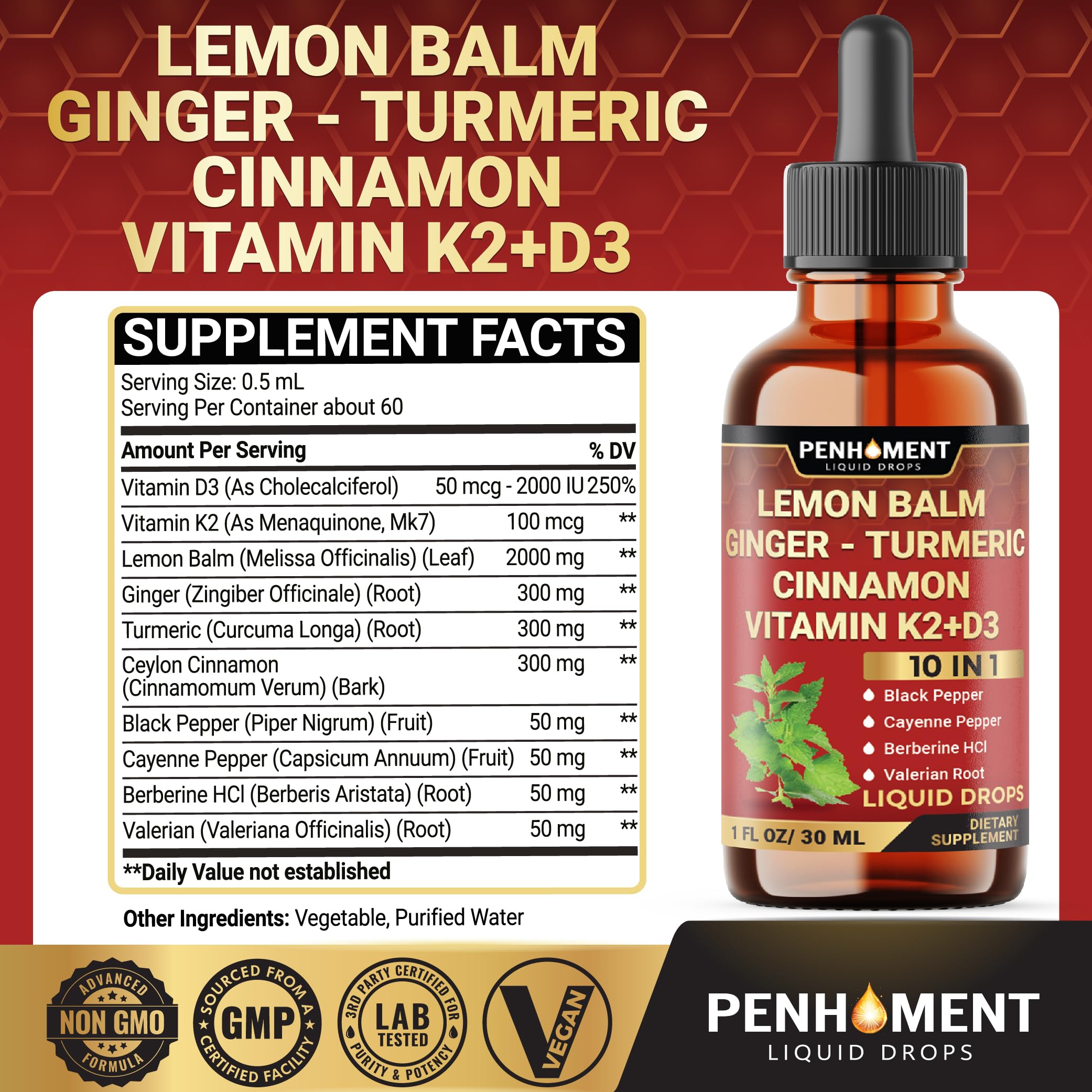 Penhoment Lemon Balm Tincture 10in1 Herbal Supplement bottle side view
