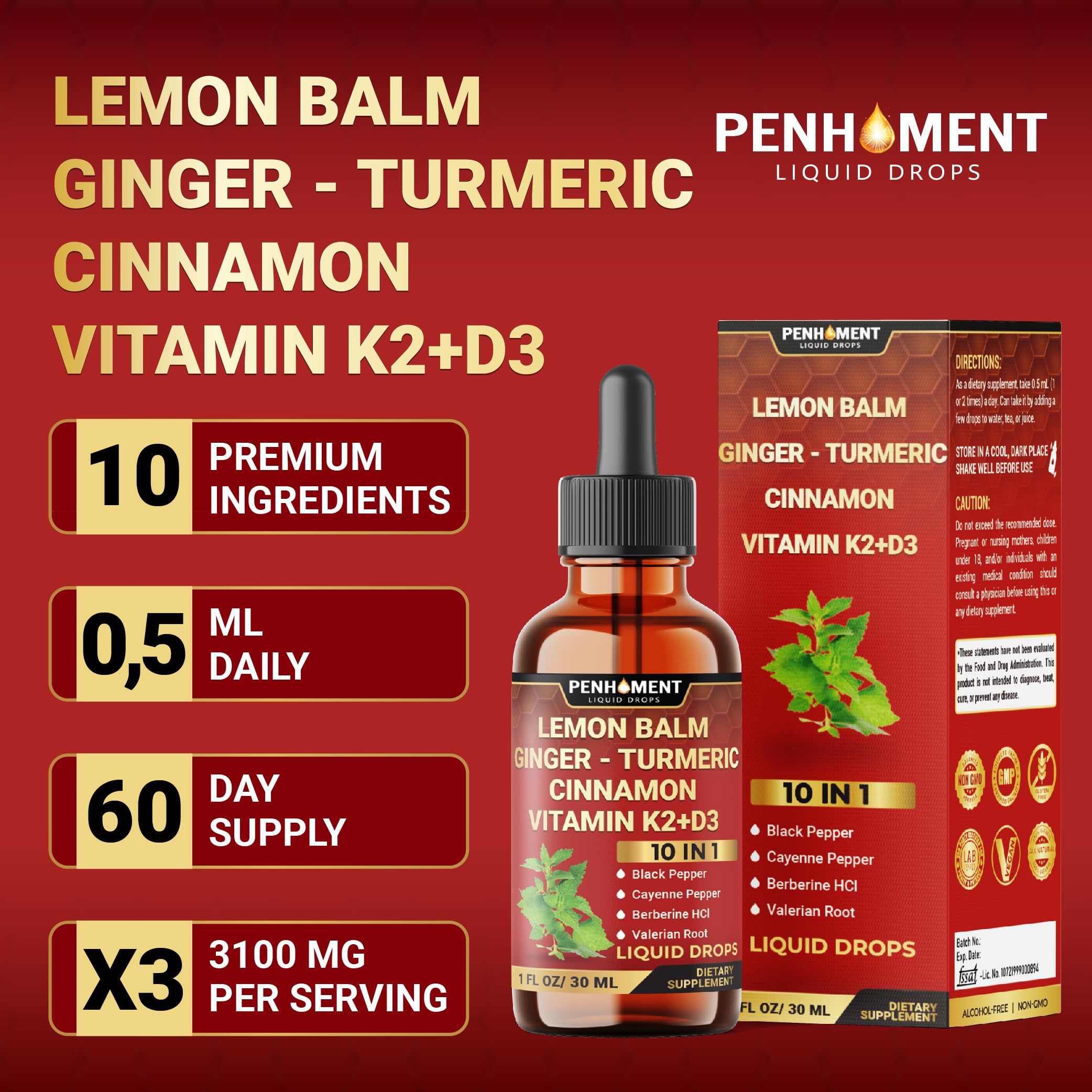 Penhoment Lemon Balm Tincture 10in1 Herbal Supplement packaging
