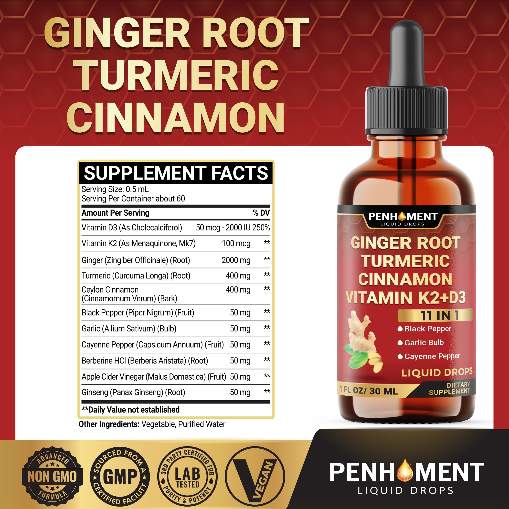 Penhoment Liquid Ginger Root Supplement 60ml bottle side view