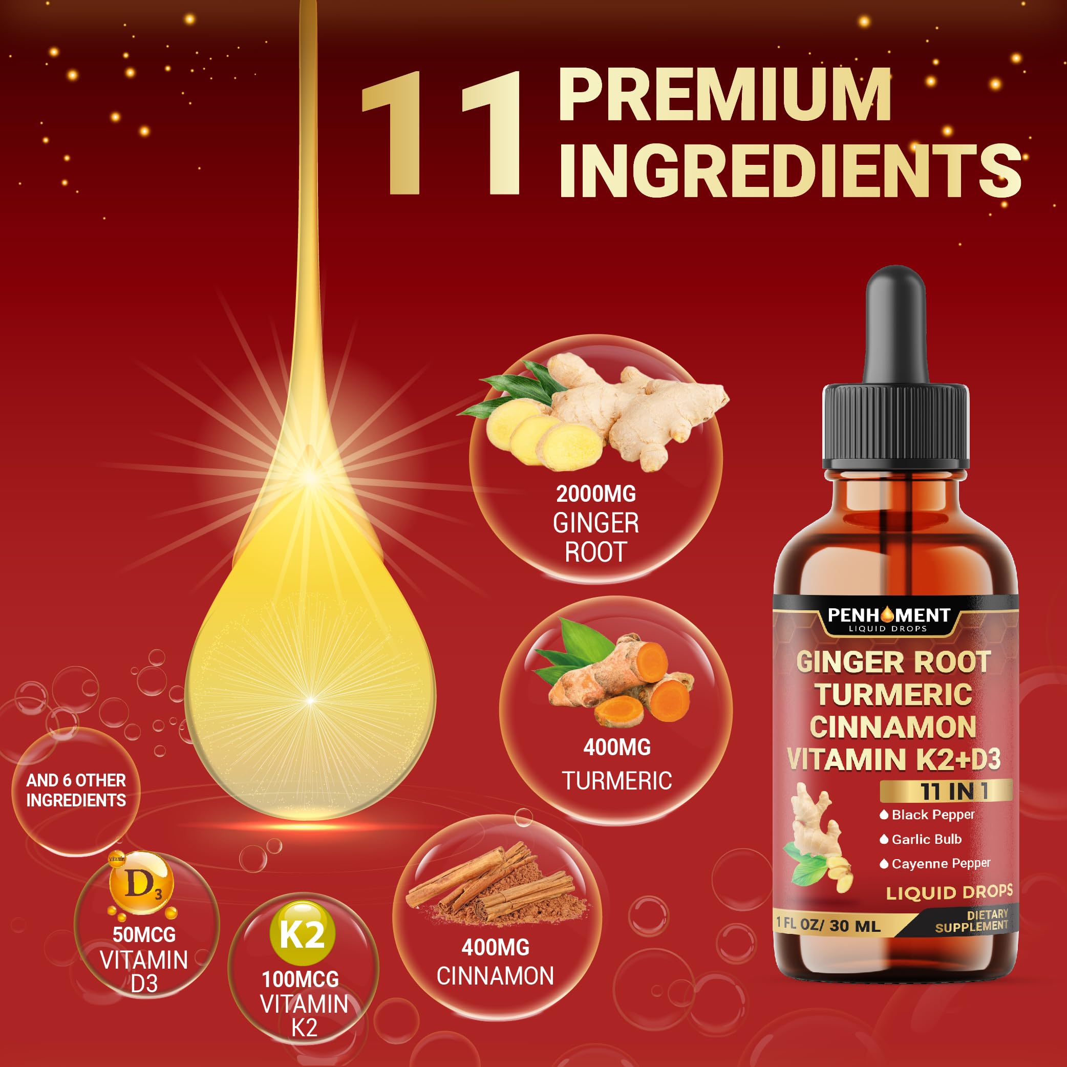 Penhoment Liquid Ginger Root Supplement 60ml with ingredients displayed