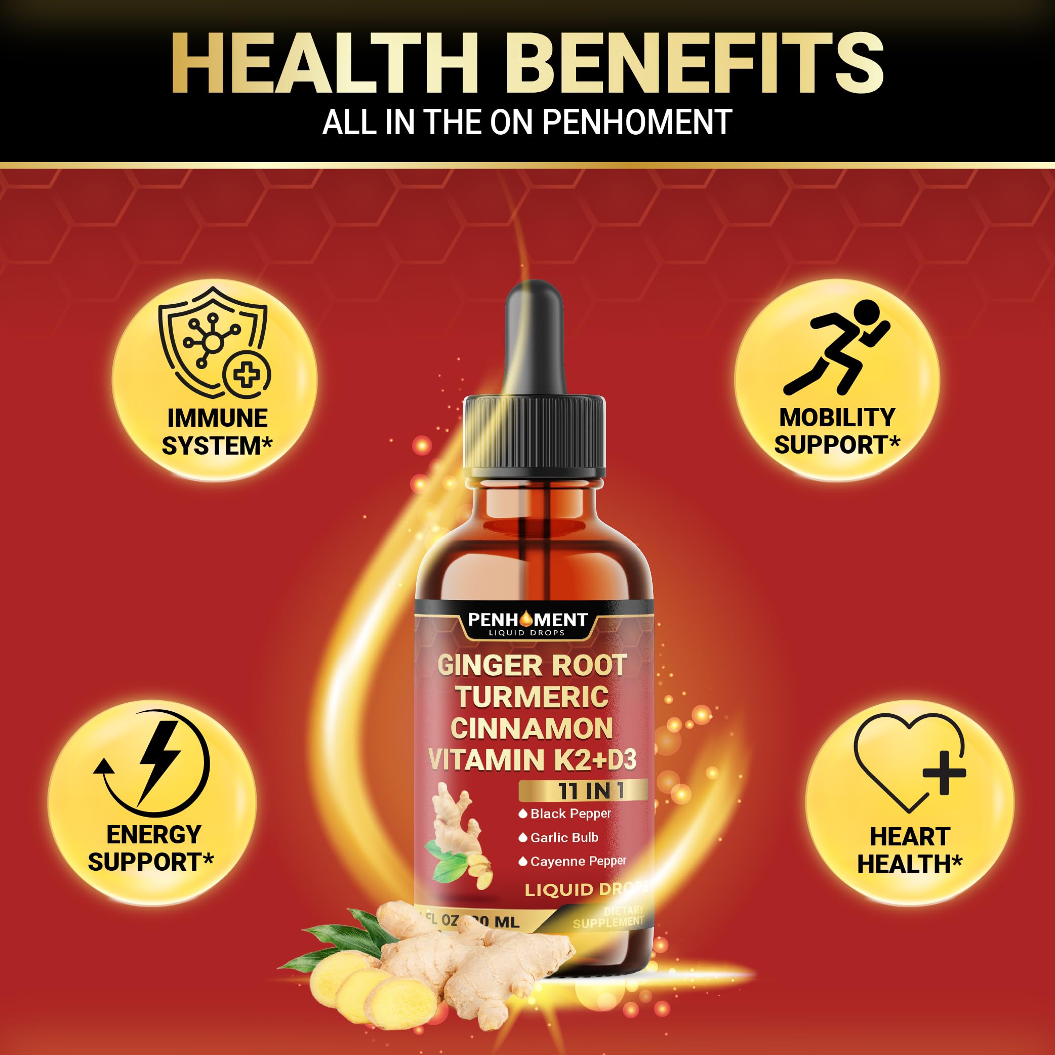Penhoment Liquid Ginger Root Supplement 60ml with measuring dropper