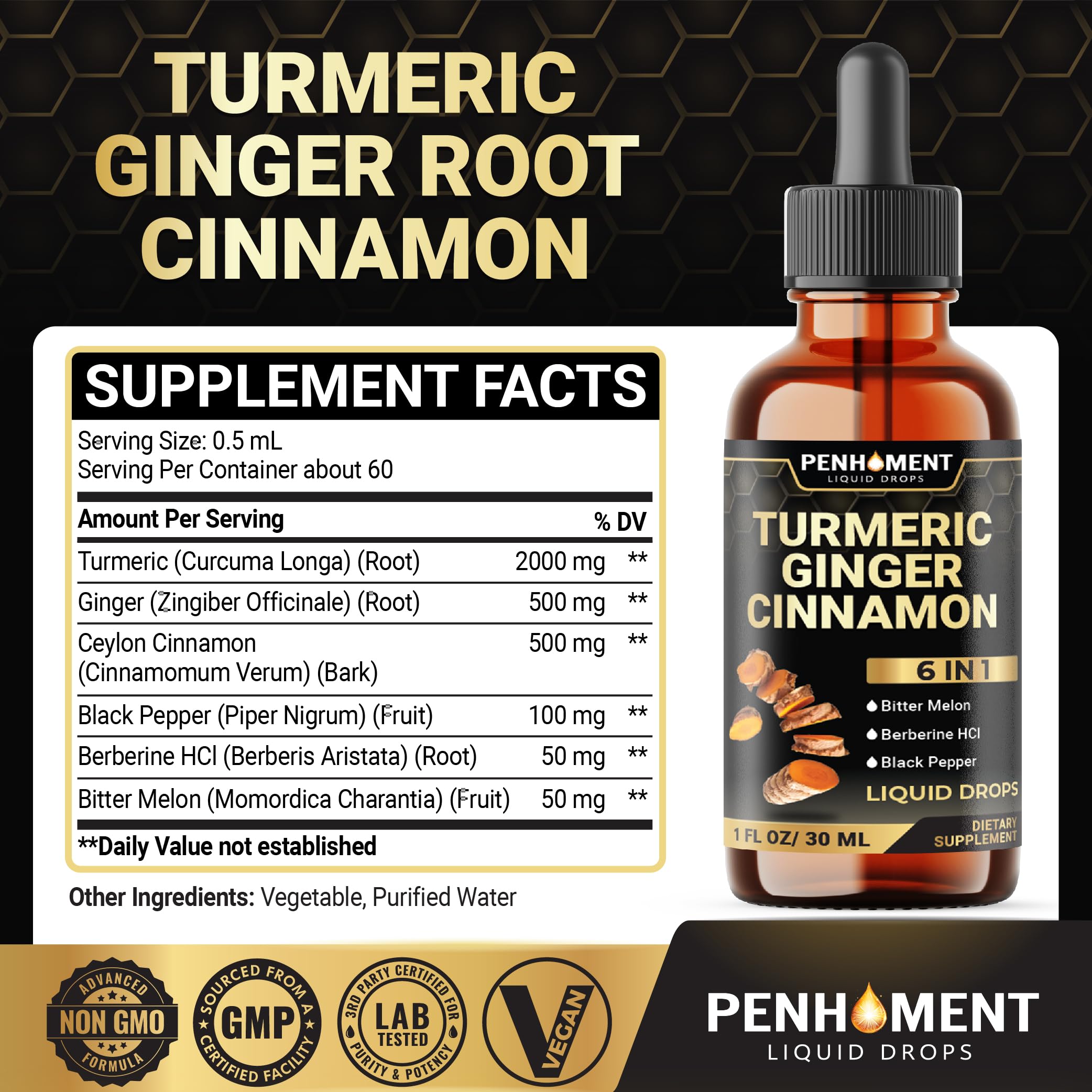 Penhoment Liquid Turmeric Curcumin 30ml bottle side view