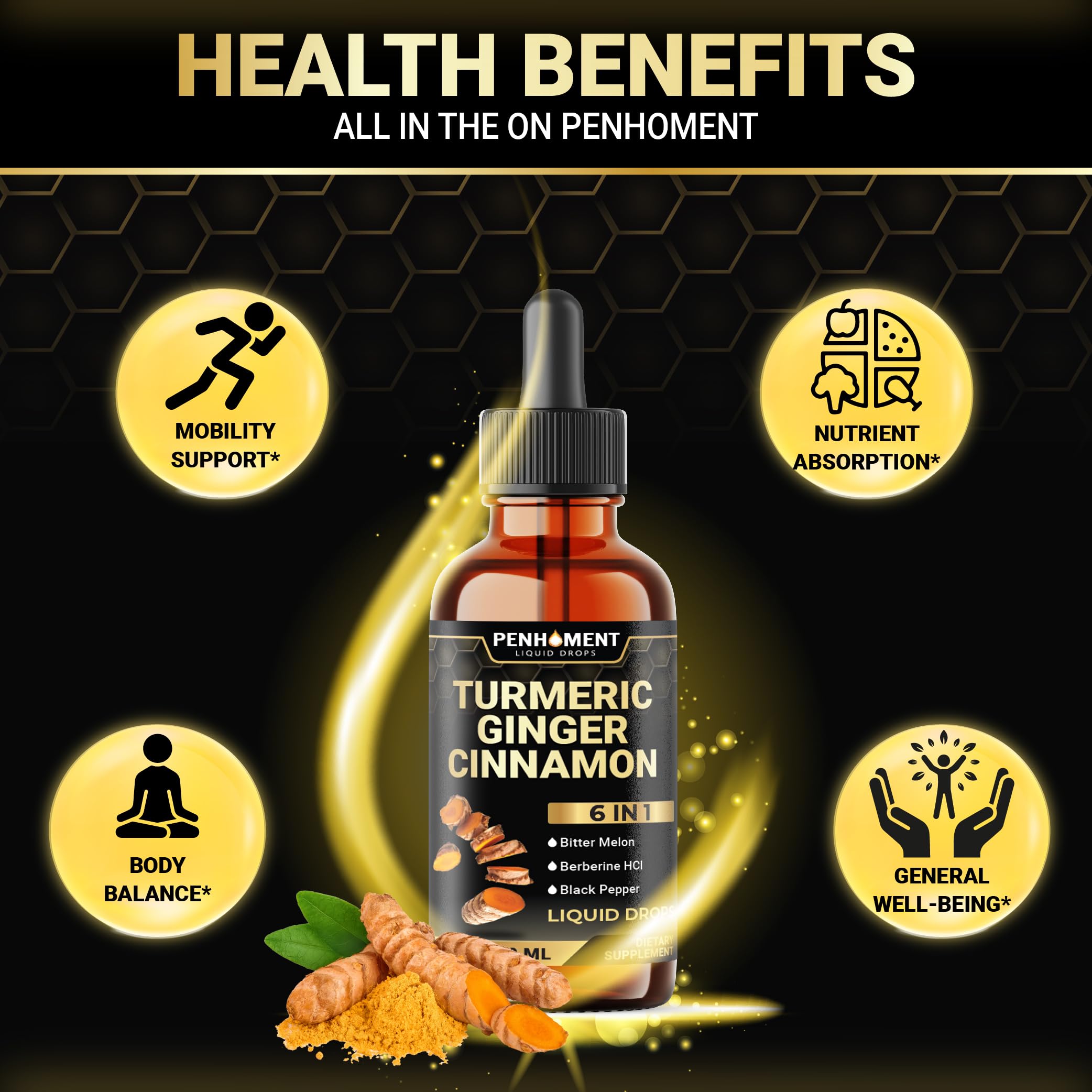 Penhoment Liquid Turmeric Curcumin 30ml bottle with ingredients list