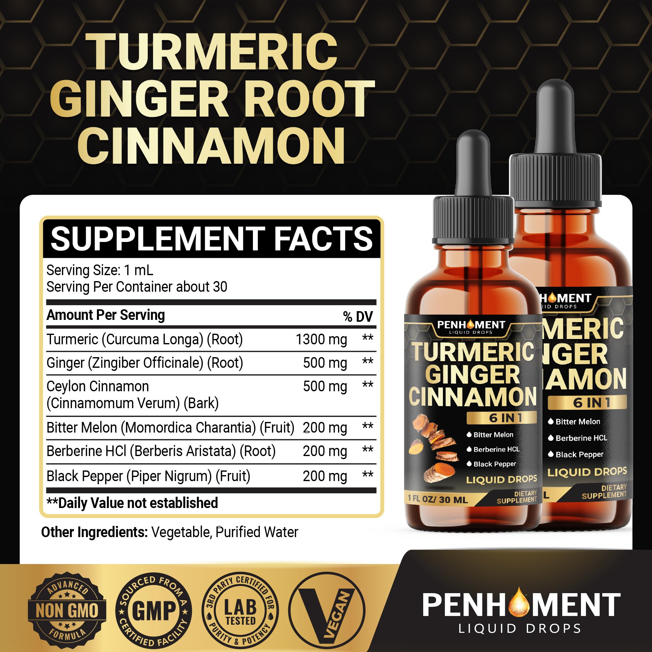 Penhoment Turmeric Liquid Supplement 30ml bottle back view