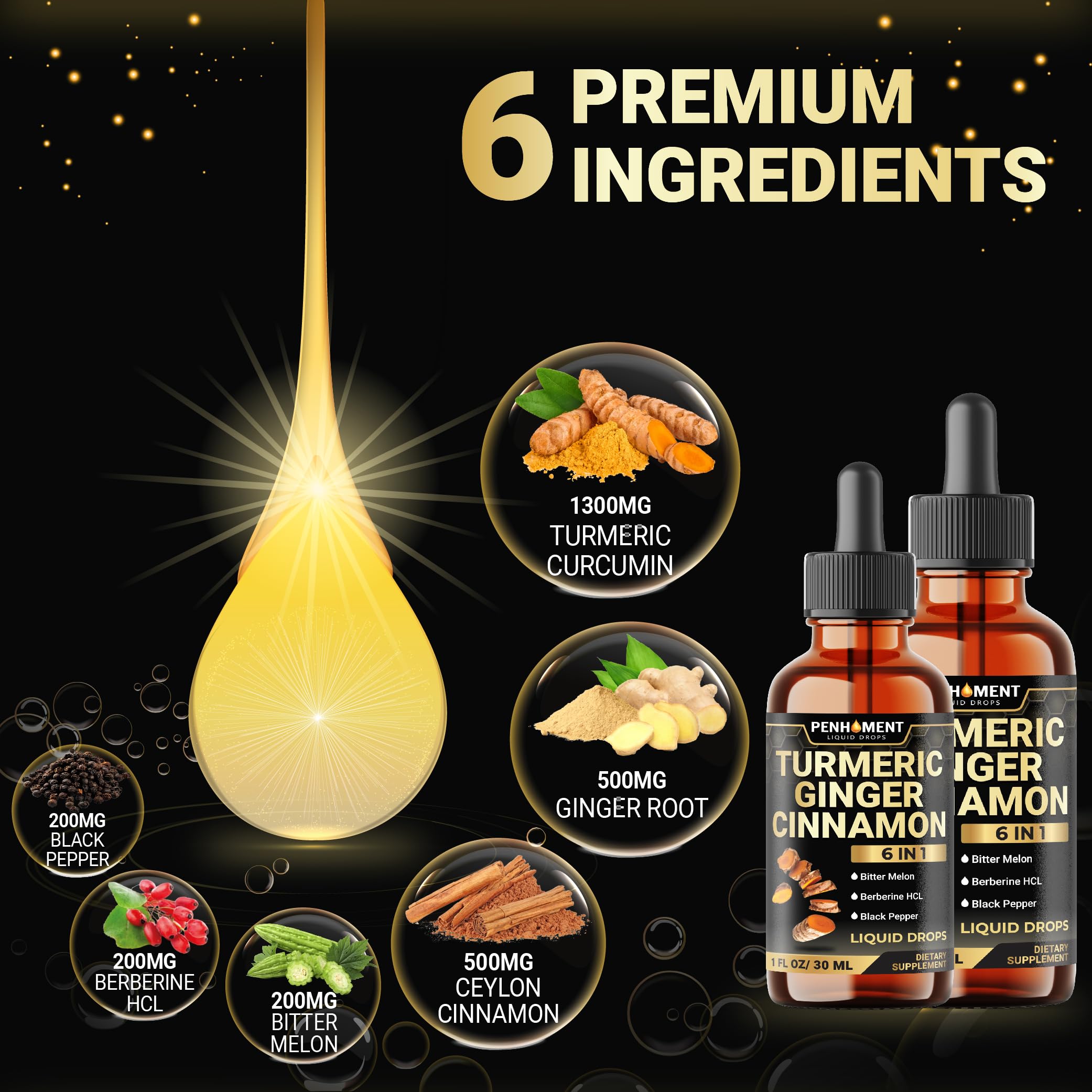 Penhoment Turmeric Liquid Supplement 30ml bottle side view