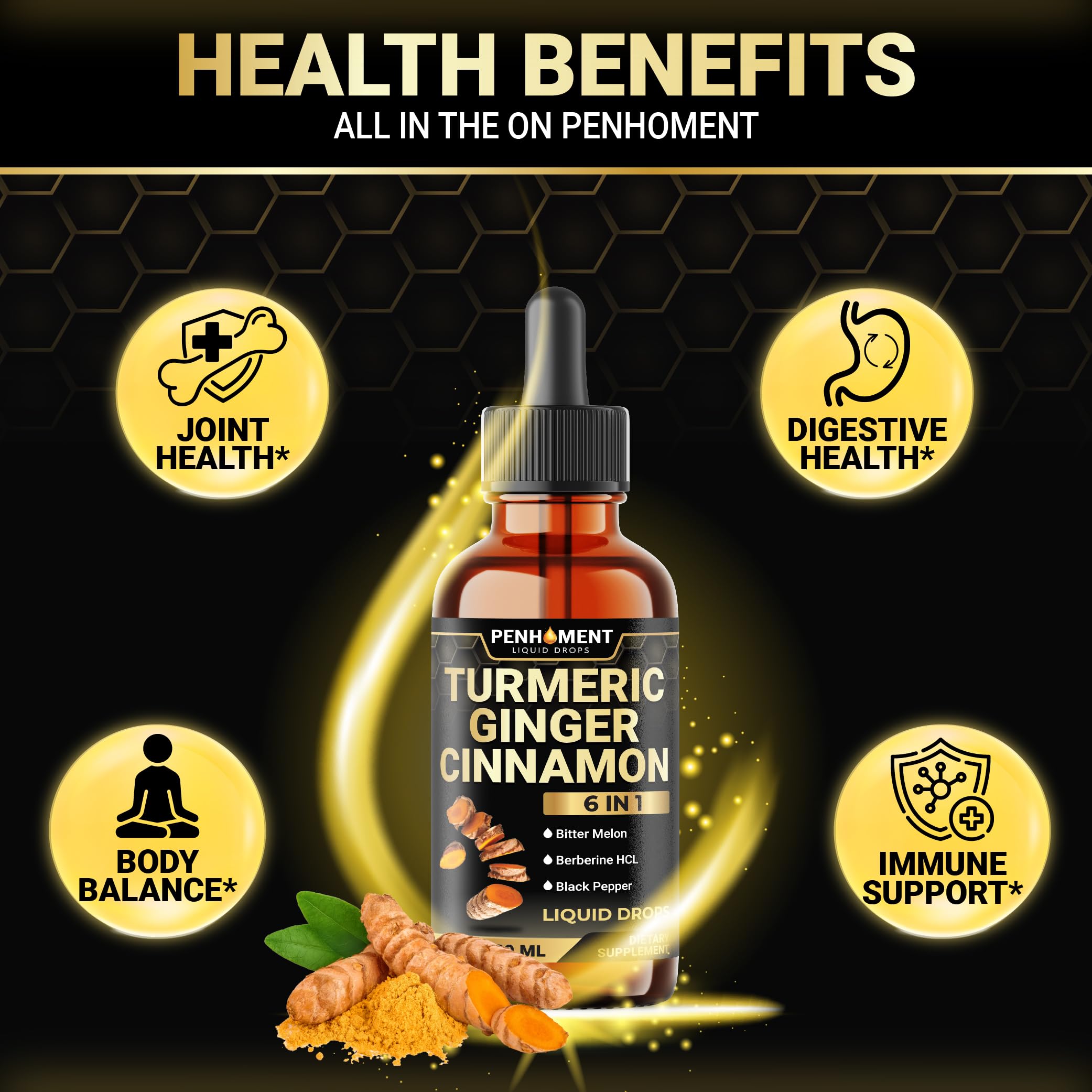 Penhoment Turmeric Liquid Supplement 30ml with ingredients displayed