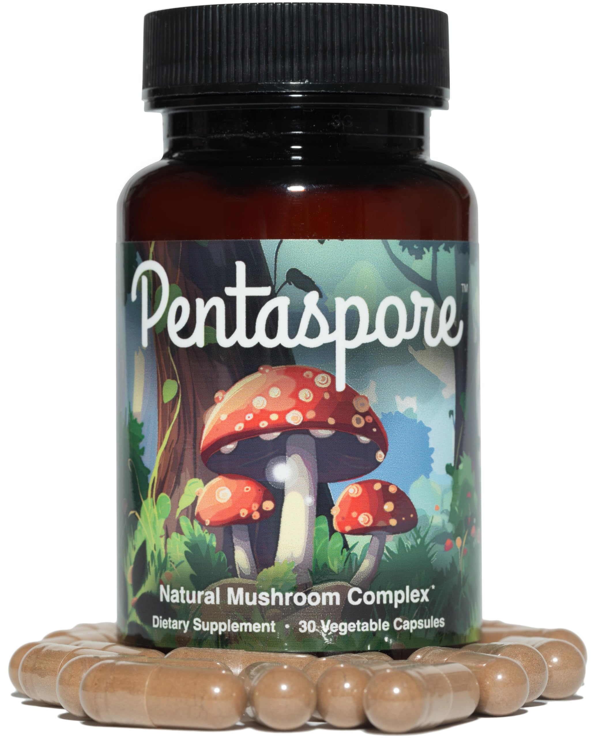 Pentaspore Mushroom Supplement bottle with a measuring spoon