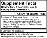 Pentaspore Mushroom Supplement capsules on a wooden surface