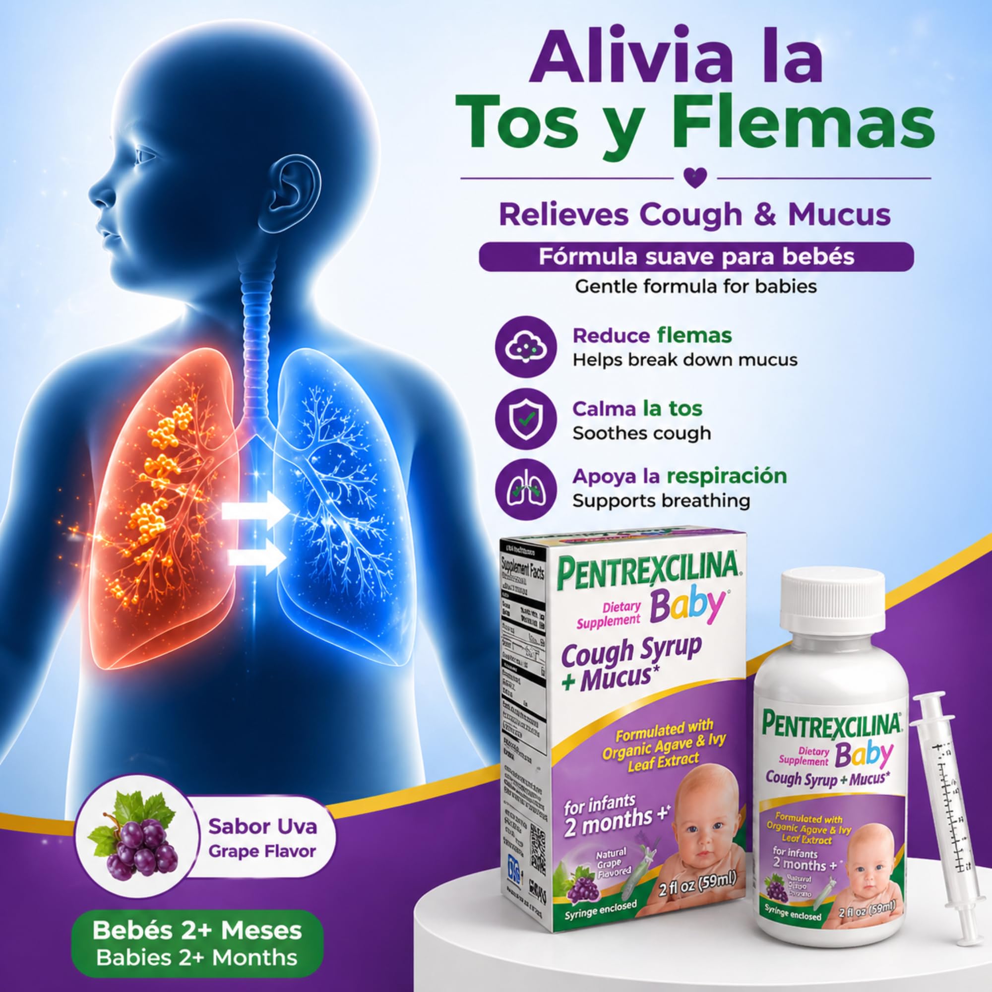 Pentrexcilina Baby Cough Syrup packaging with oral syringe