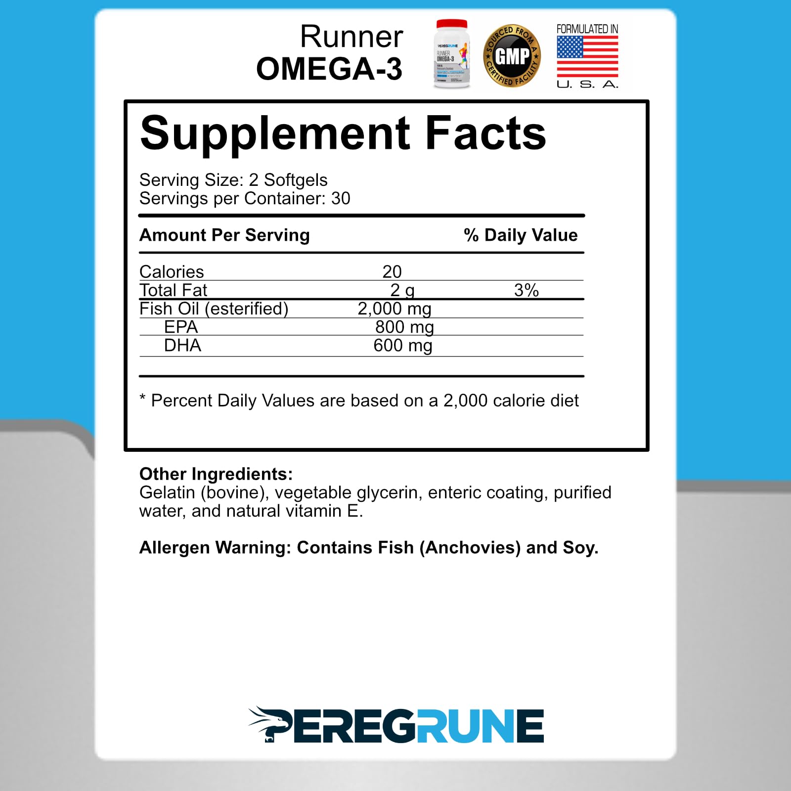 PEREGRUNE Fish Oil softgels displayed on a table