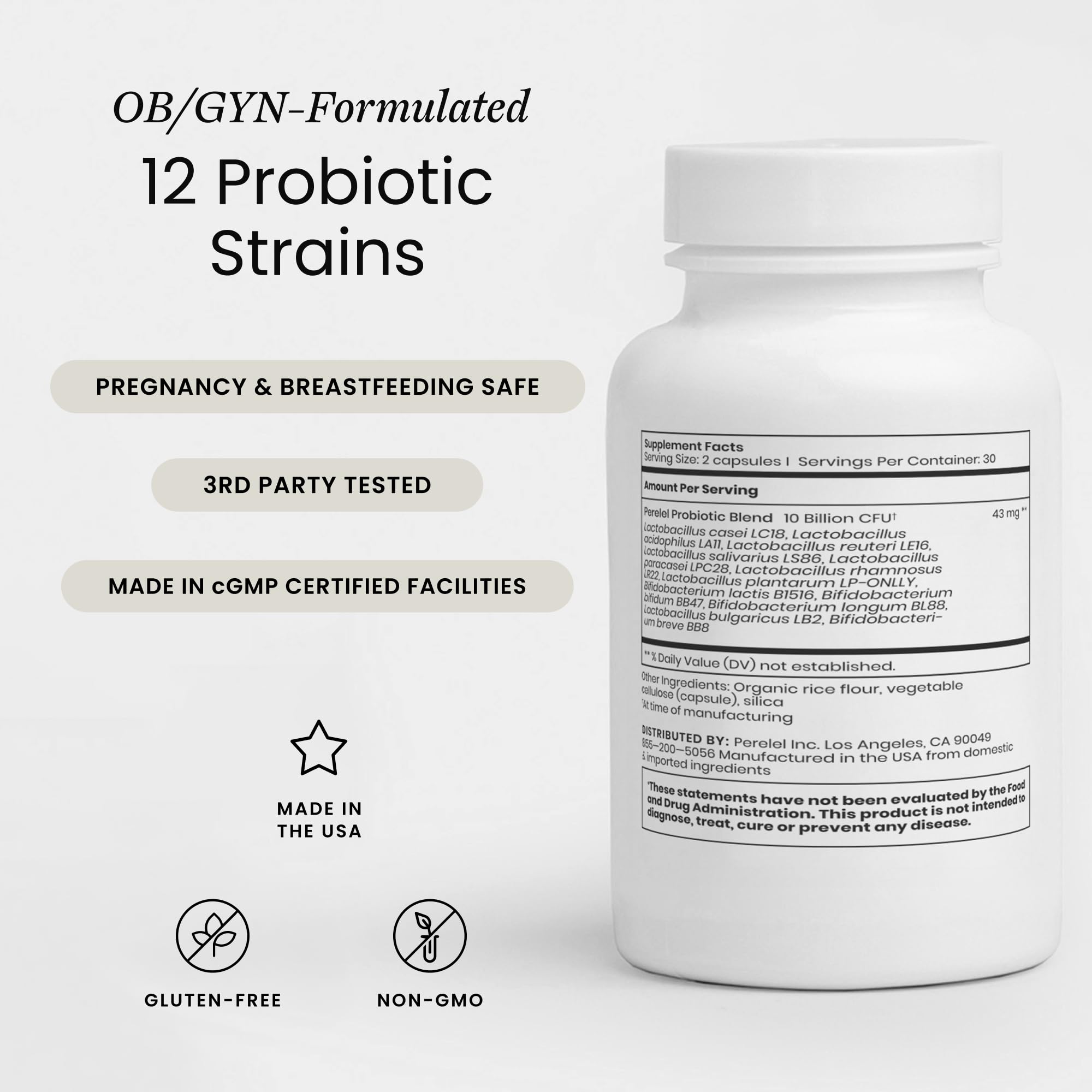 Perelel Daily Probiotic Capsules back view with ingredient details