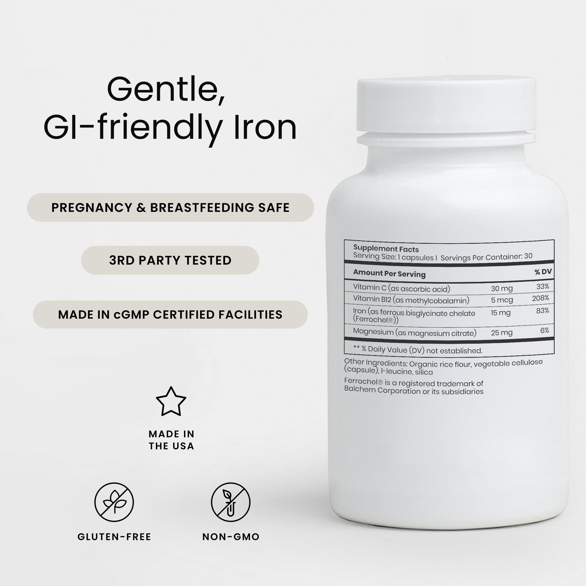 Perelel Iron & Vitamin B12 Capsules side view showing capsule details