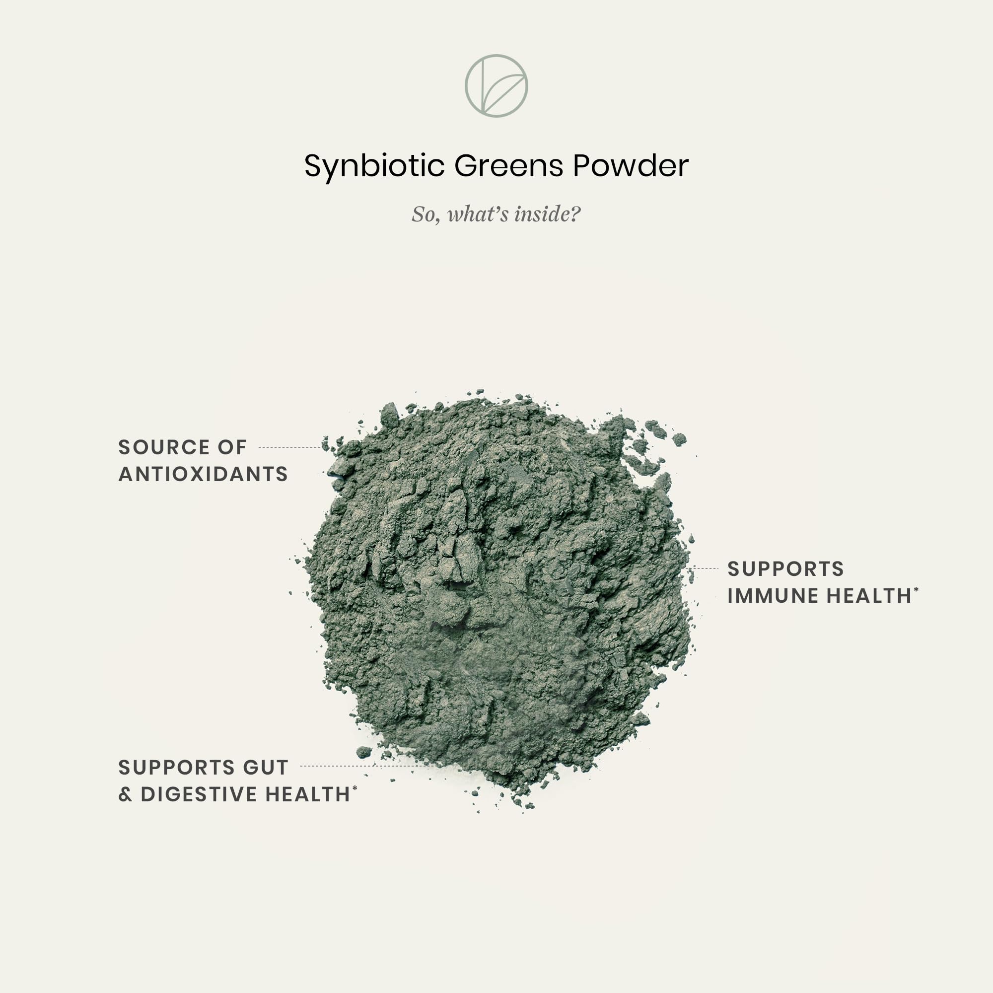 Perelel Synbiotic Greens Powder 222g displayed with organic greens