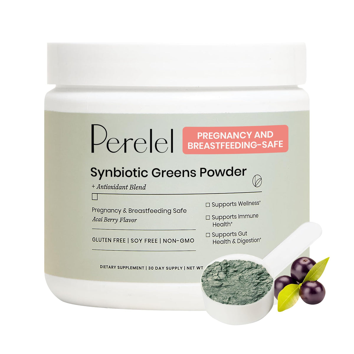 Perelel Synbiotic Greens Powder 222g front view with packaging