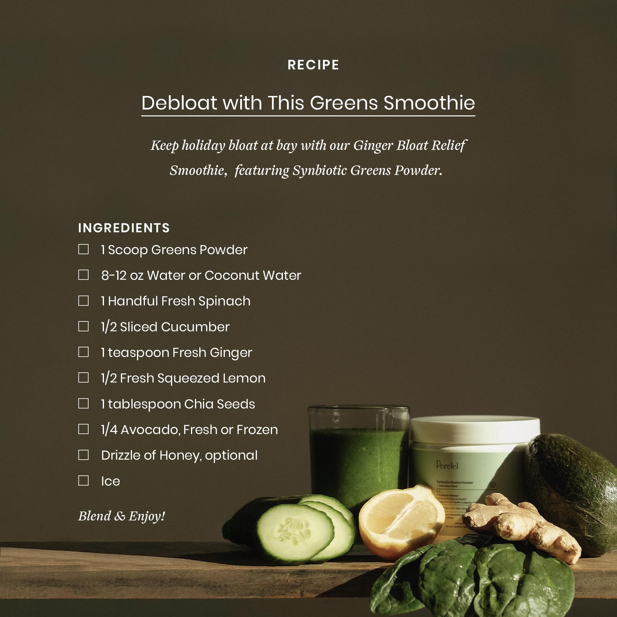 Perelel Synbiotic Greens Powder 222g mixed in a glass of water