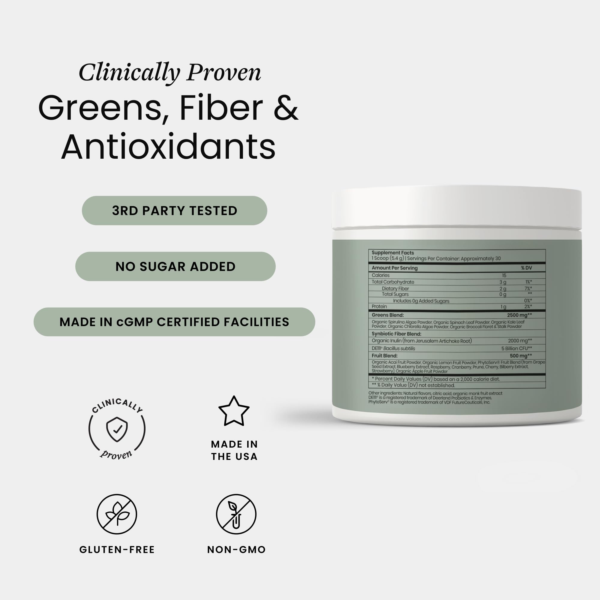 Perelel Synbiotic Greens Powder 222g scoop with acai berry flavour