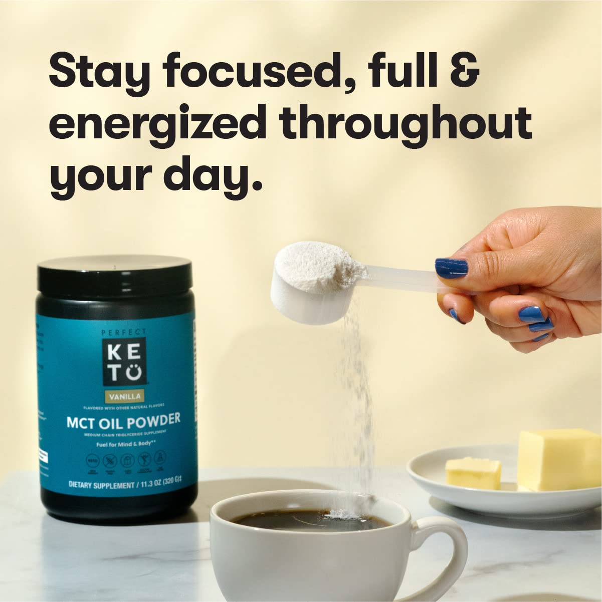 Perfect Keto MCT Oil Powder 386g in a cup of coffee