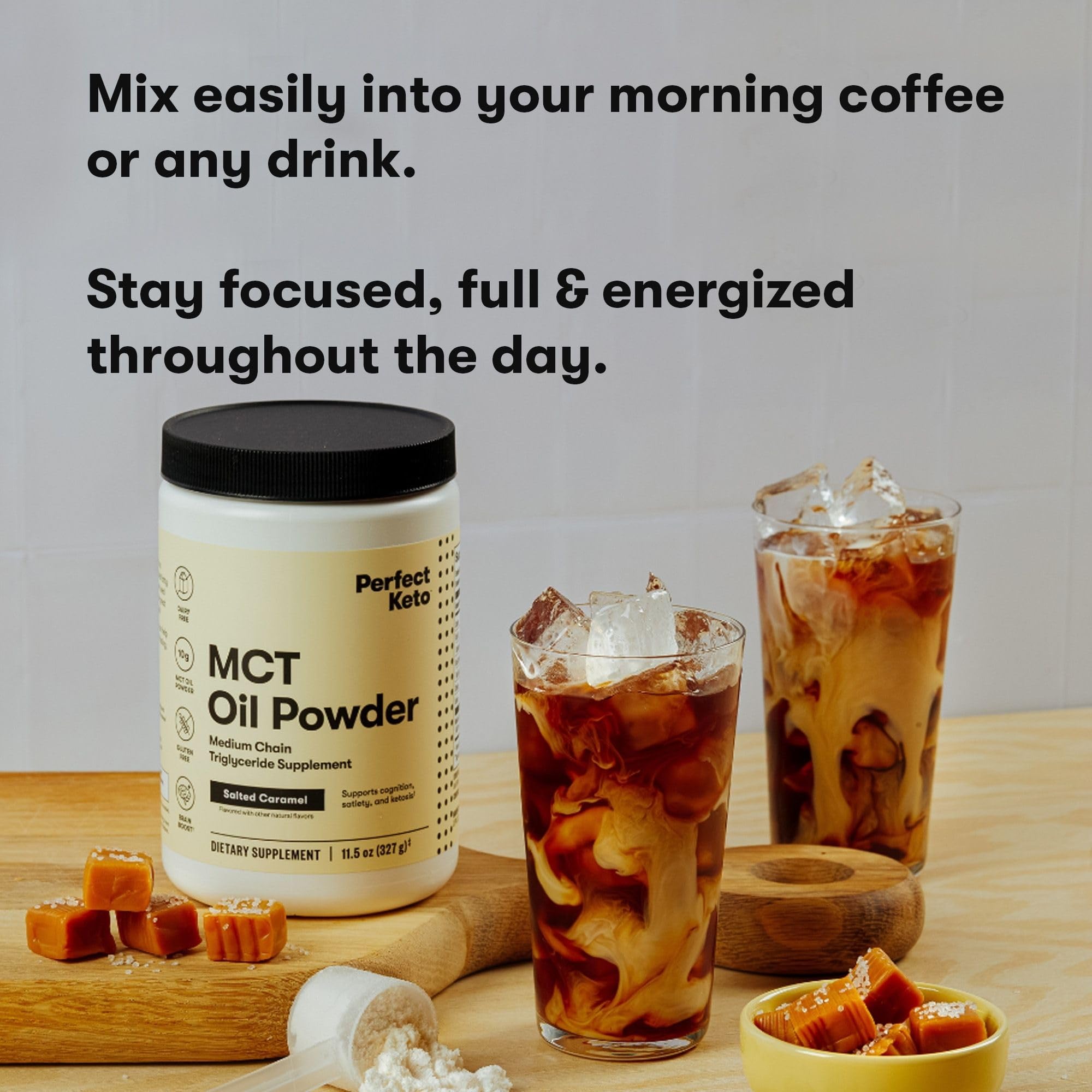 Perfect Keto MCT Oil Powder Salted Caramel powder in a scoop