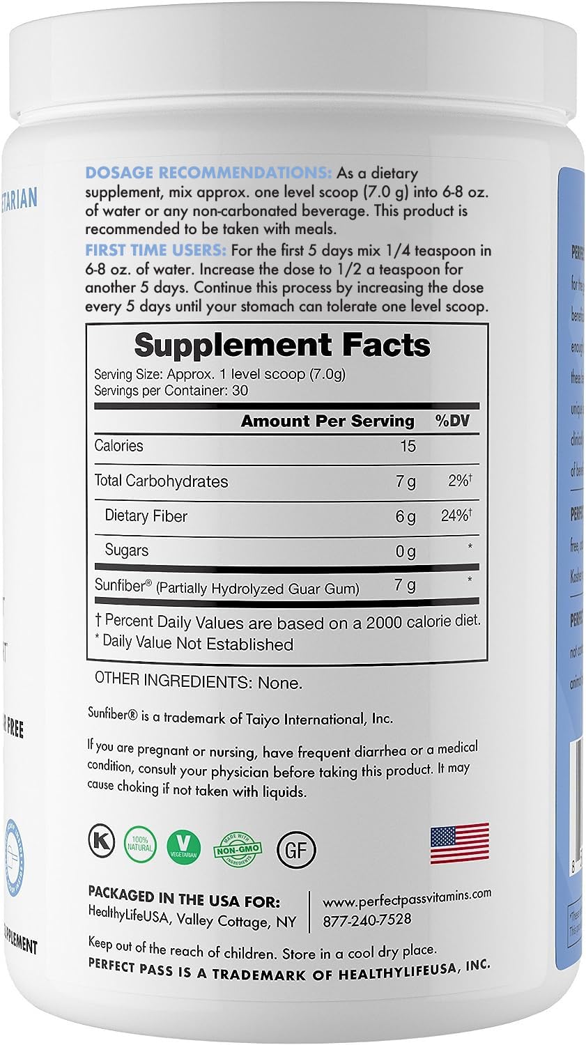 PERFECT PASS Prebiotic Powder 210g back view with ingredient list