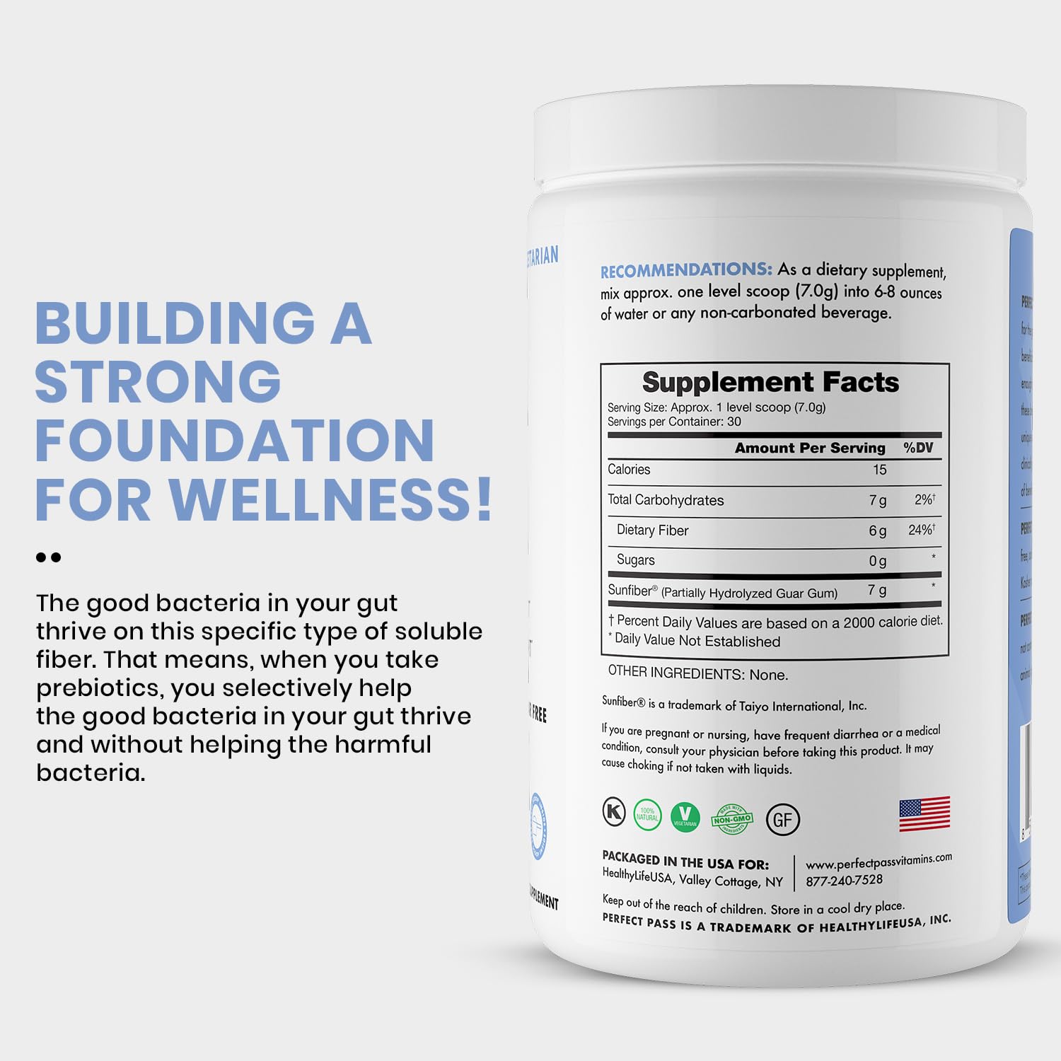 PERFECT PASS Prebiotic Powder on a kitchen counter with coffee