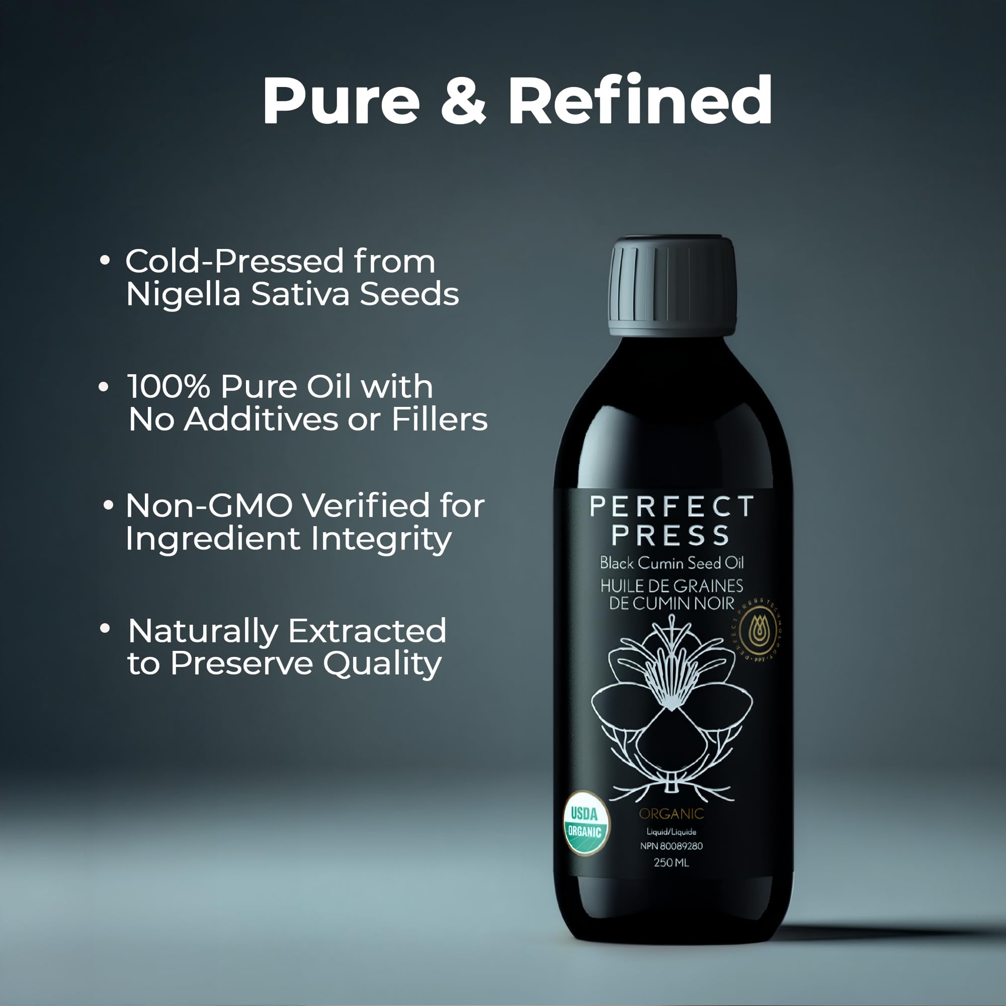 Perfect Press Black Cumin Oil on a wooden table