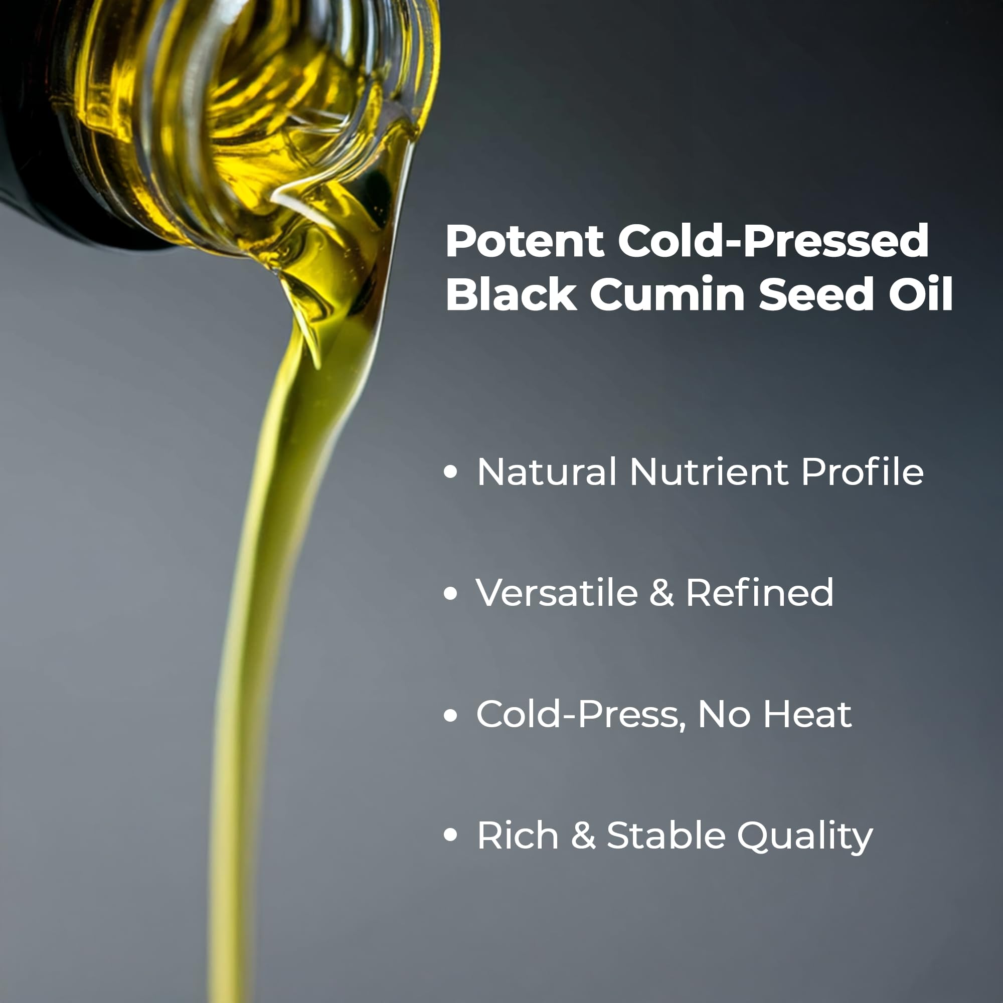 Perfect Press Black Cumin Oil with organic seeds background