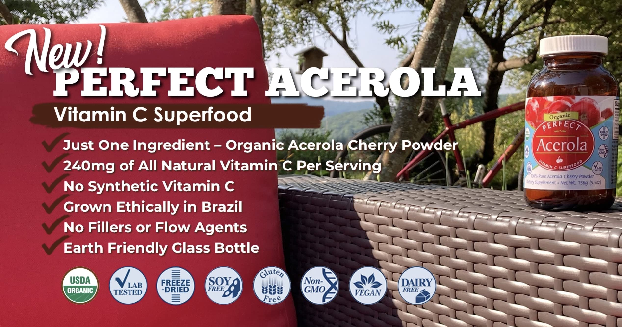 Perfect Supplements Acerola Cherry Powder on a wooden table