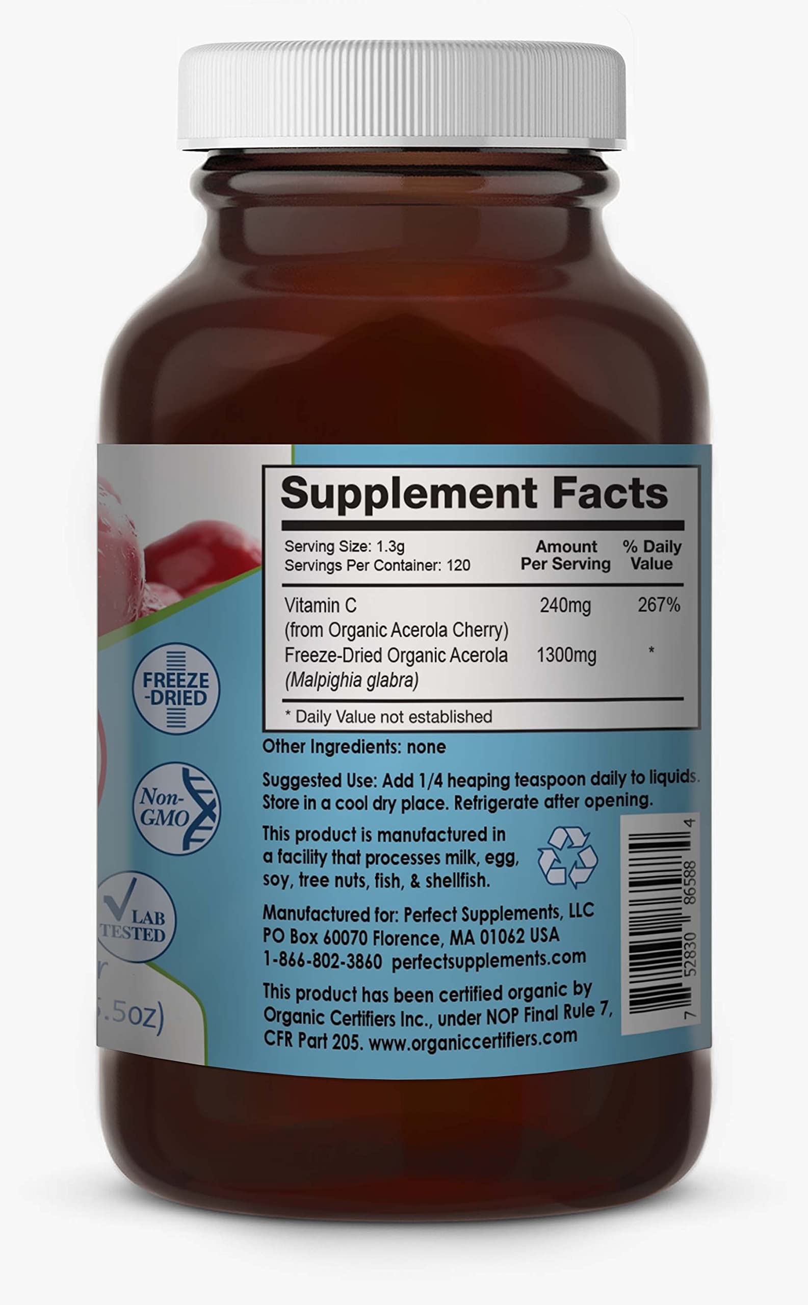 Perfect Supplements Acerola Cherry Powder packaging side view