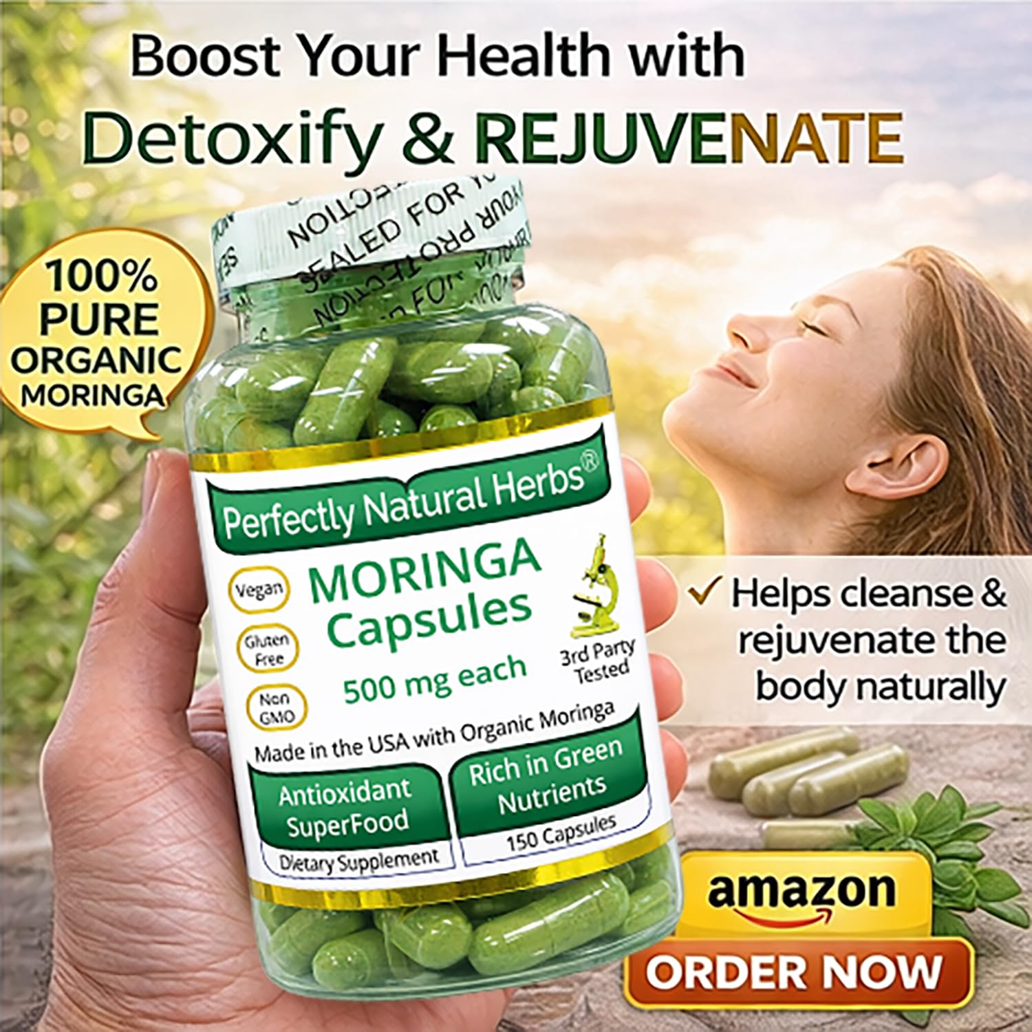 Perfectly Natural Herbs Organic Moringa Powder in a glass with water