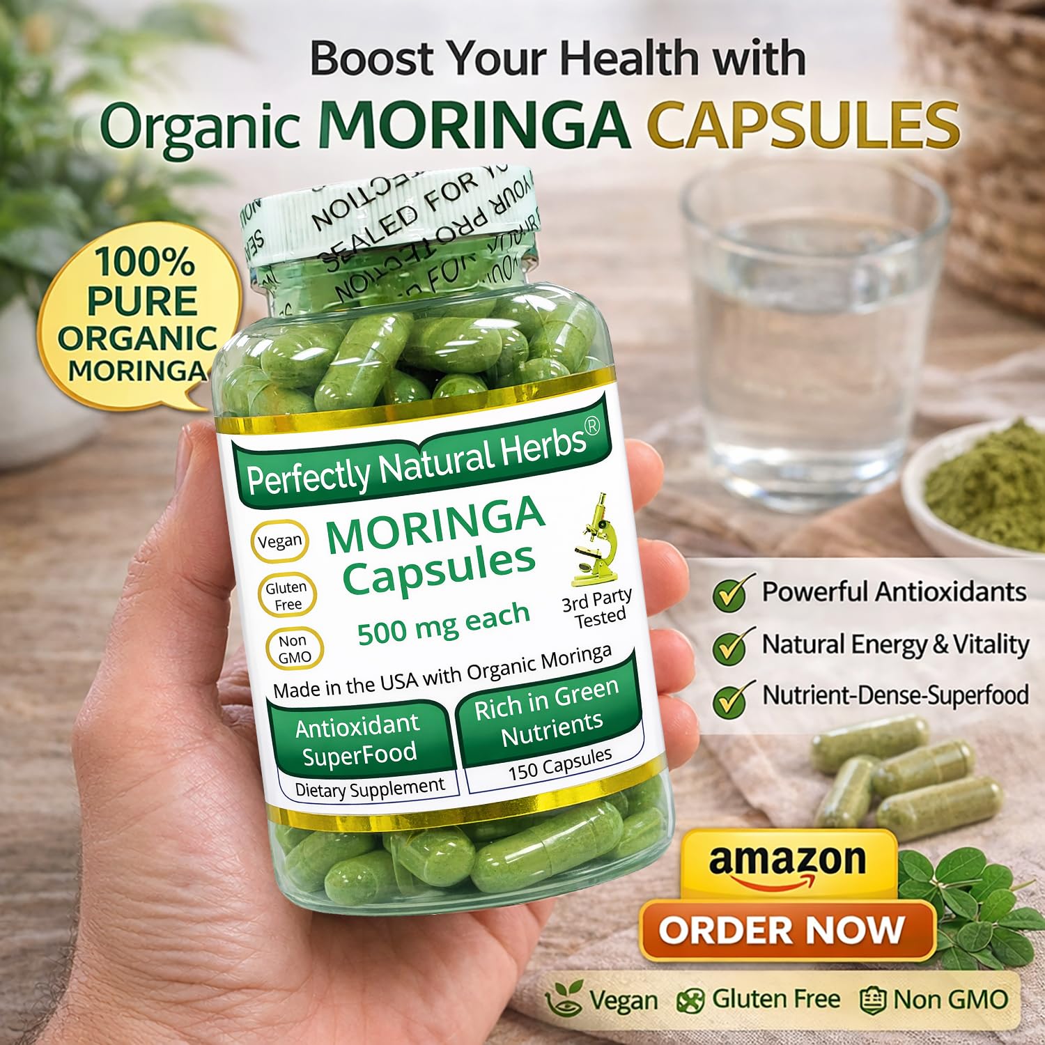 Perfectly Natural Herbs Organic Moringa Powder lifestyle scene with fruits