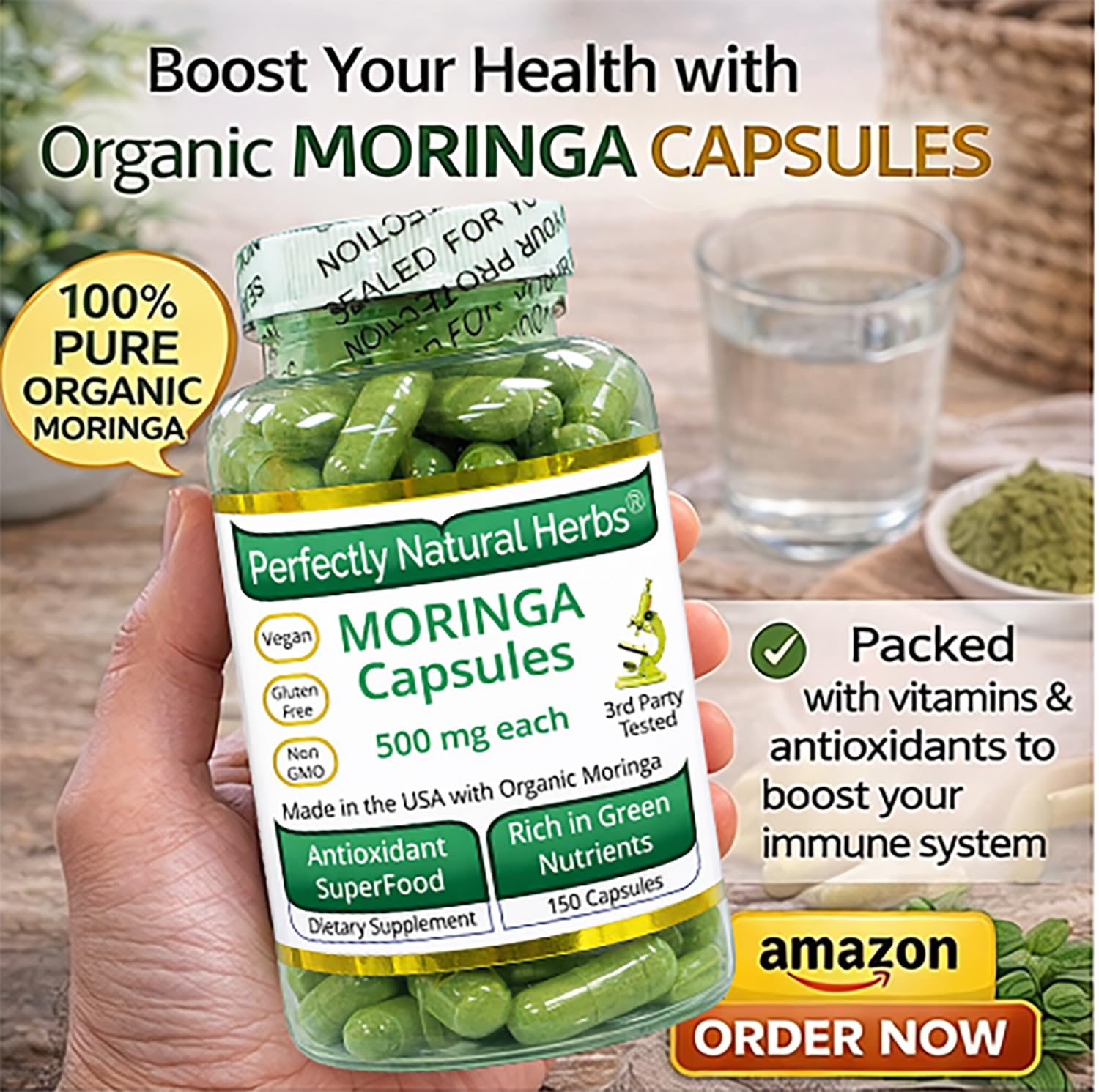 Perfectly Natural Herbs Organic Moringa Powder side view packaging