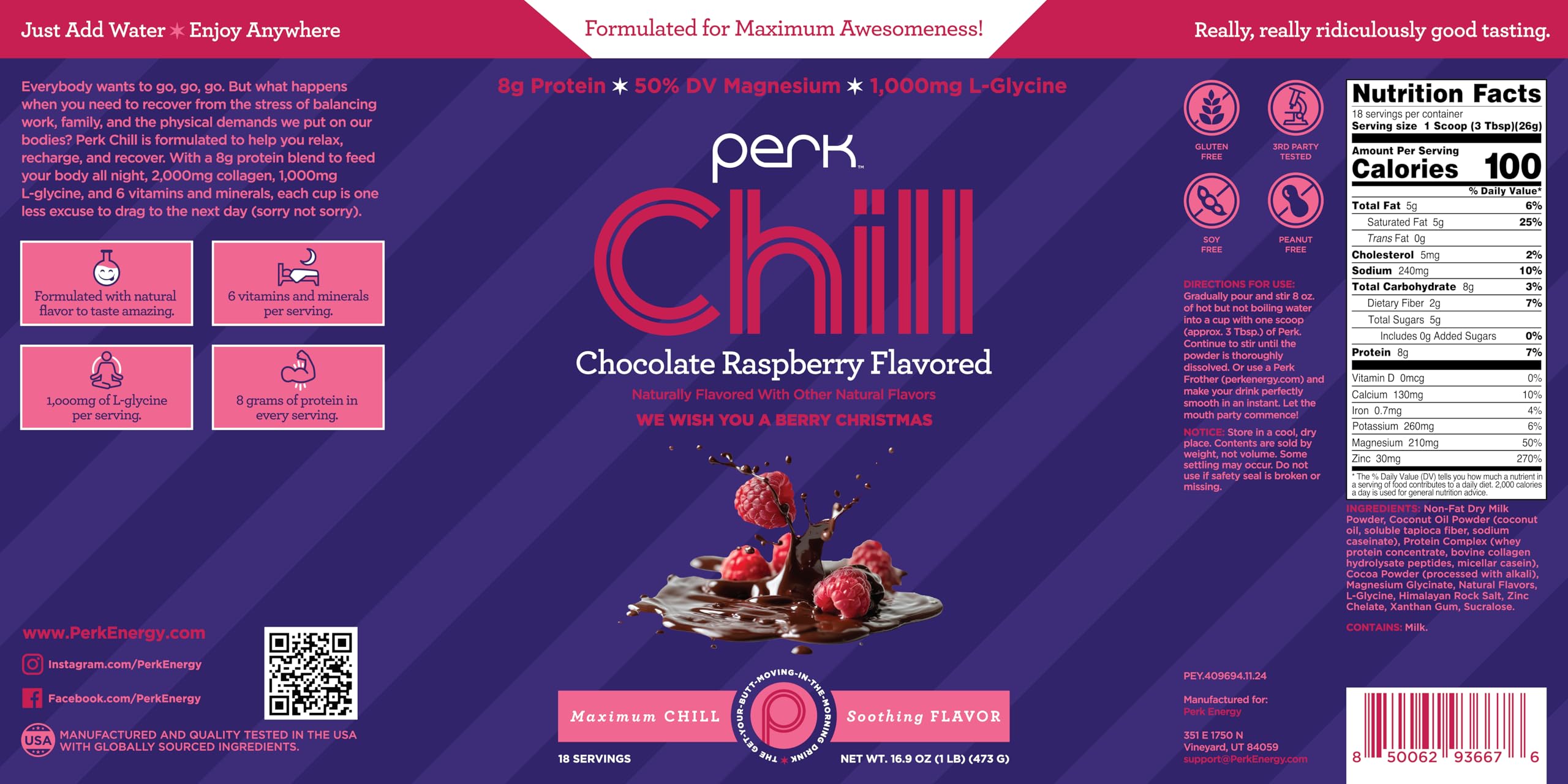 Perk Chill Drink Mix Chocolate Raspberry scoop and powder