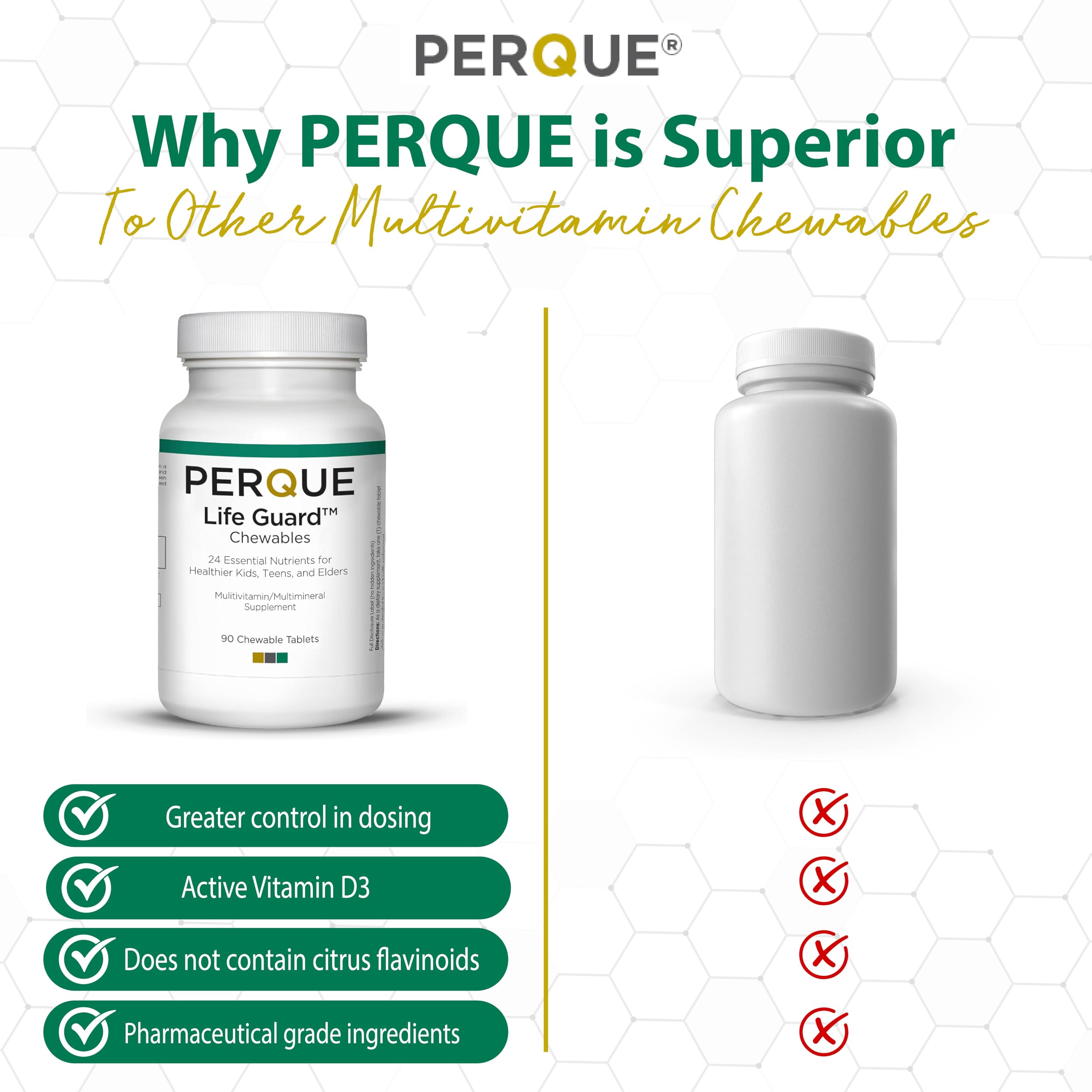 PERQUE Life Guard Chewables with fresh fruit background