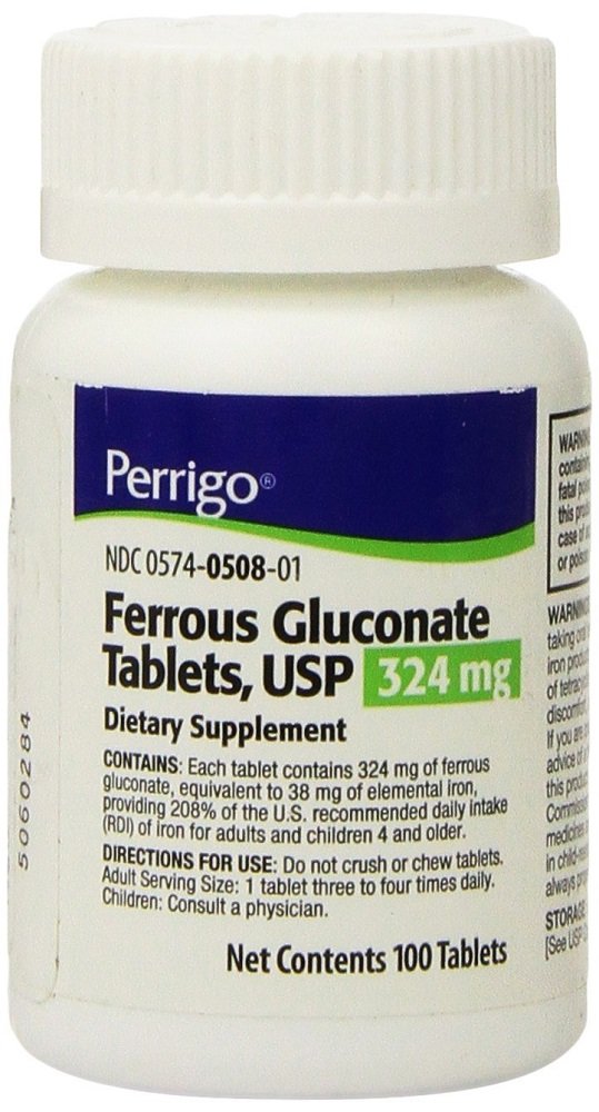 Perrigo Ferrous Gluconate Green Tablets 324mg 100 count bottle front view
