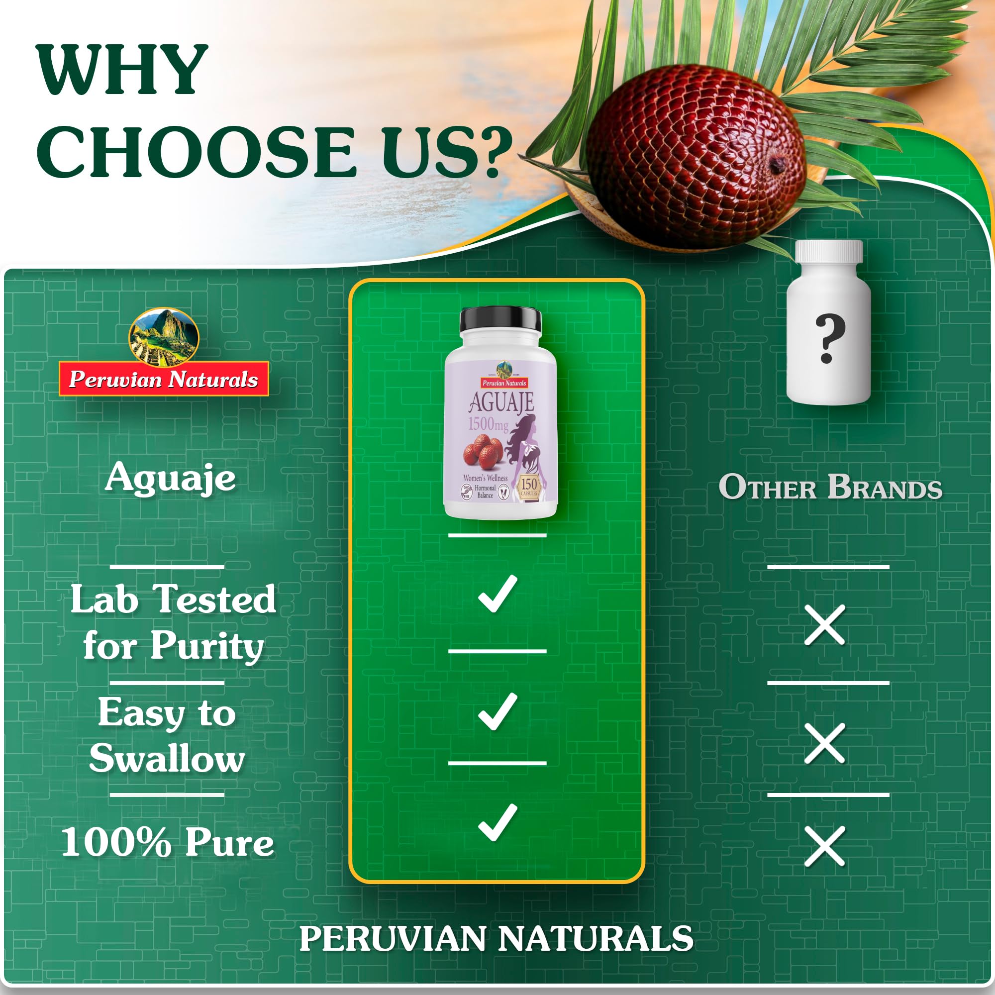 Peruvian Naturals Aguaje Capsules 100g on a wooden table