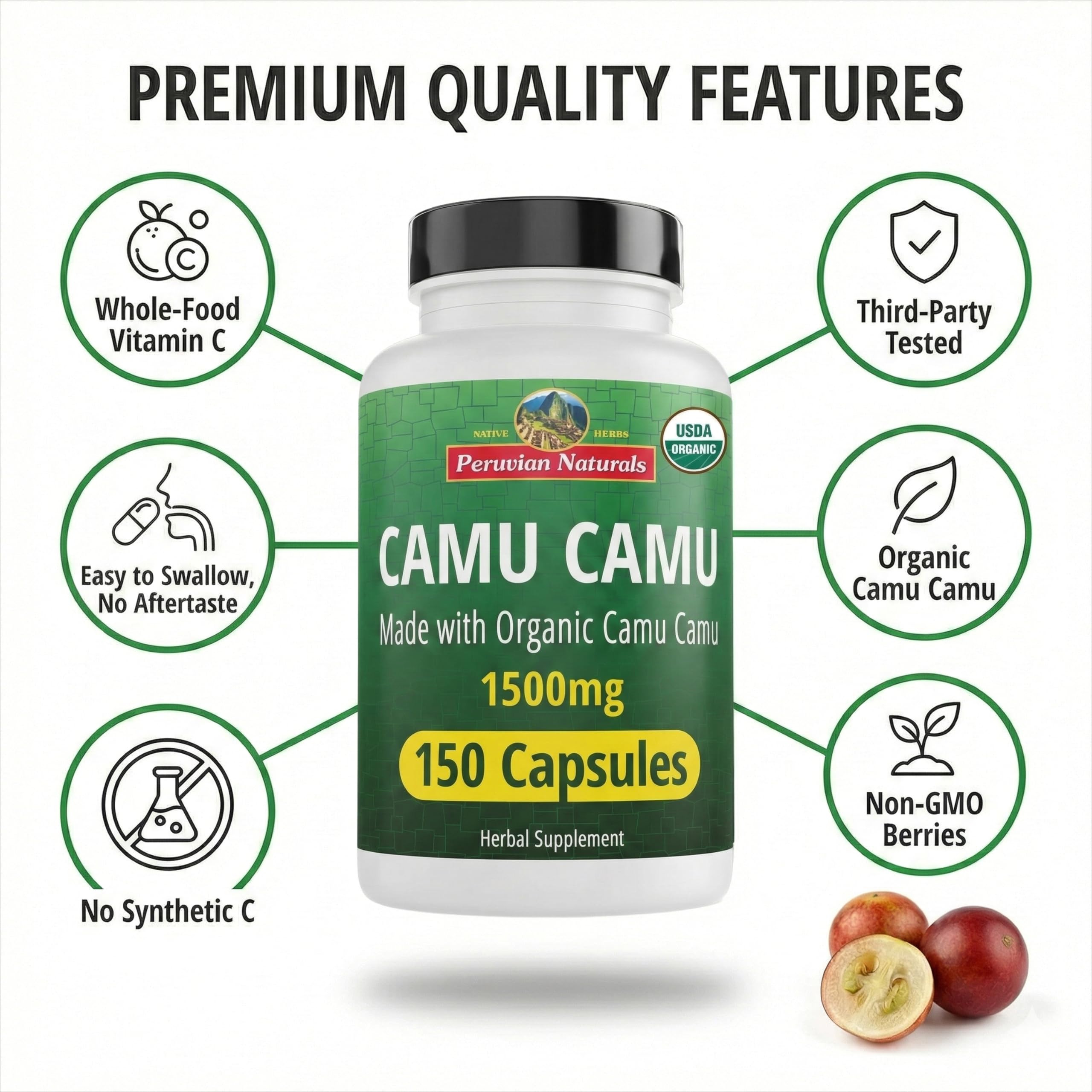 Peruvian Naturals Camu Camu Organic Vitamin C Capsules on a wooden table
