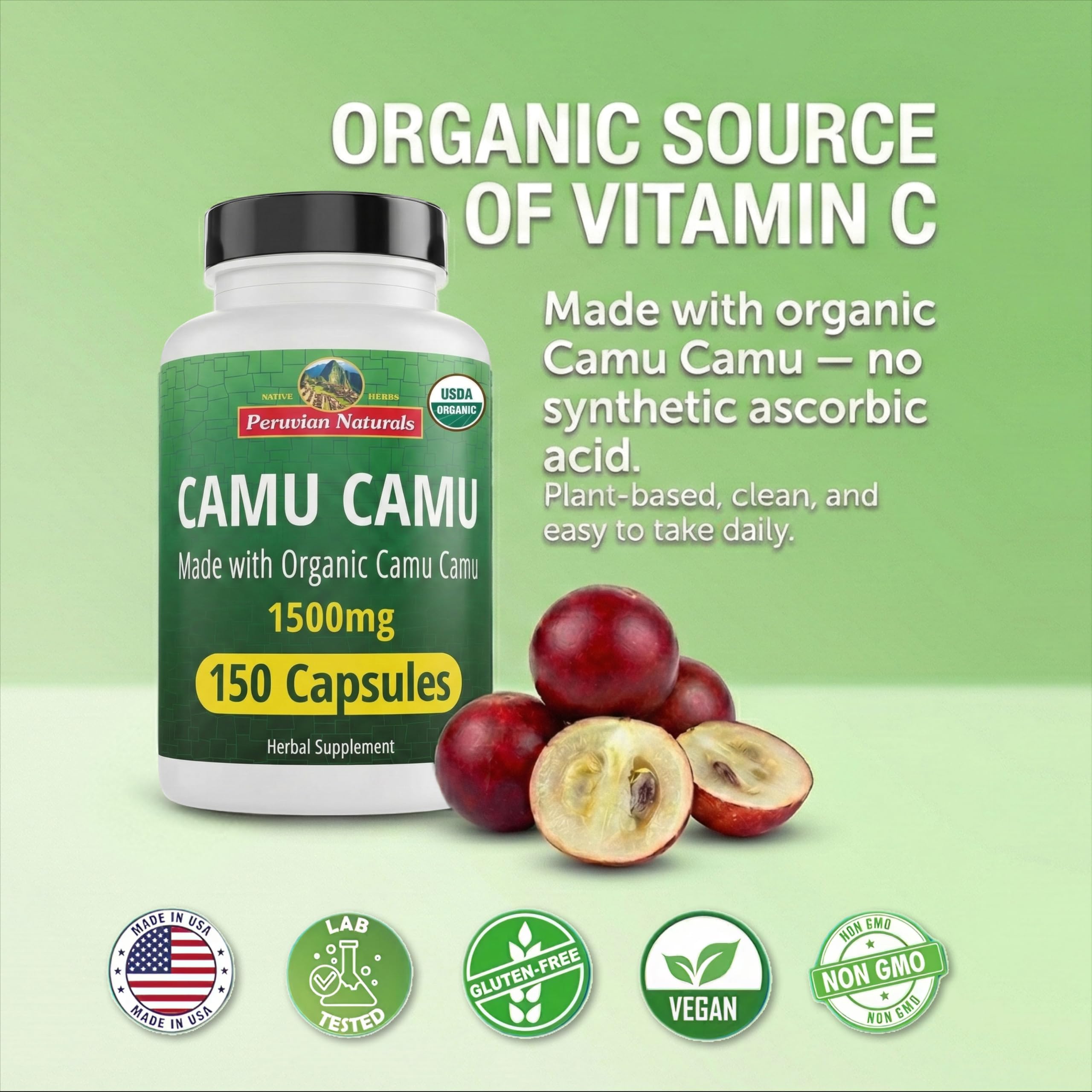 Peruvian Naturals Camu Camu Organic Vitamin C Capsules side view