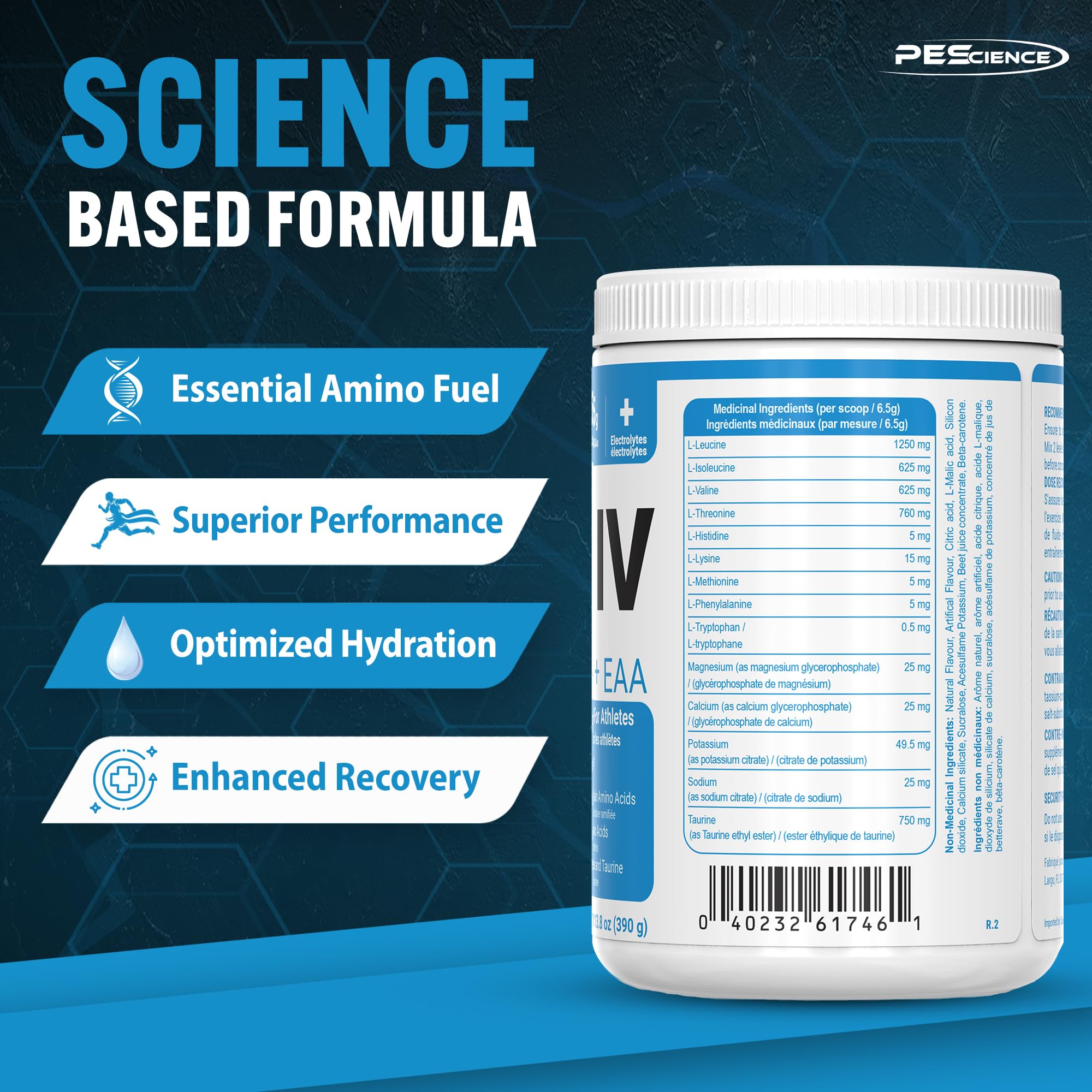 PEScience Amino IV BCAA + EAA Powder 454g scoop and powder