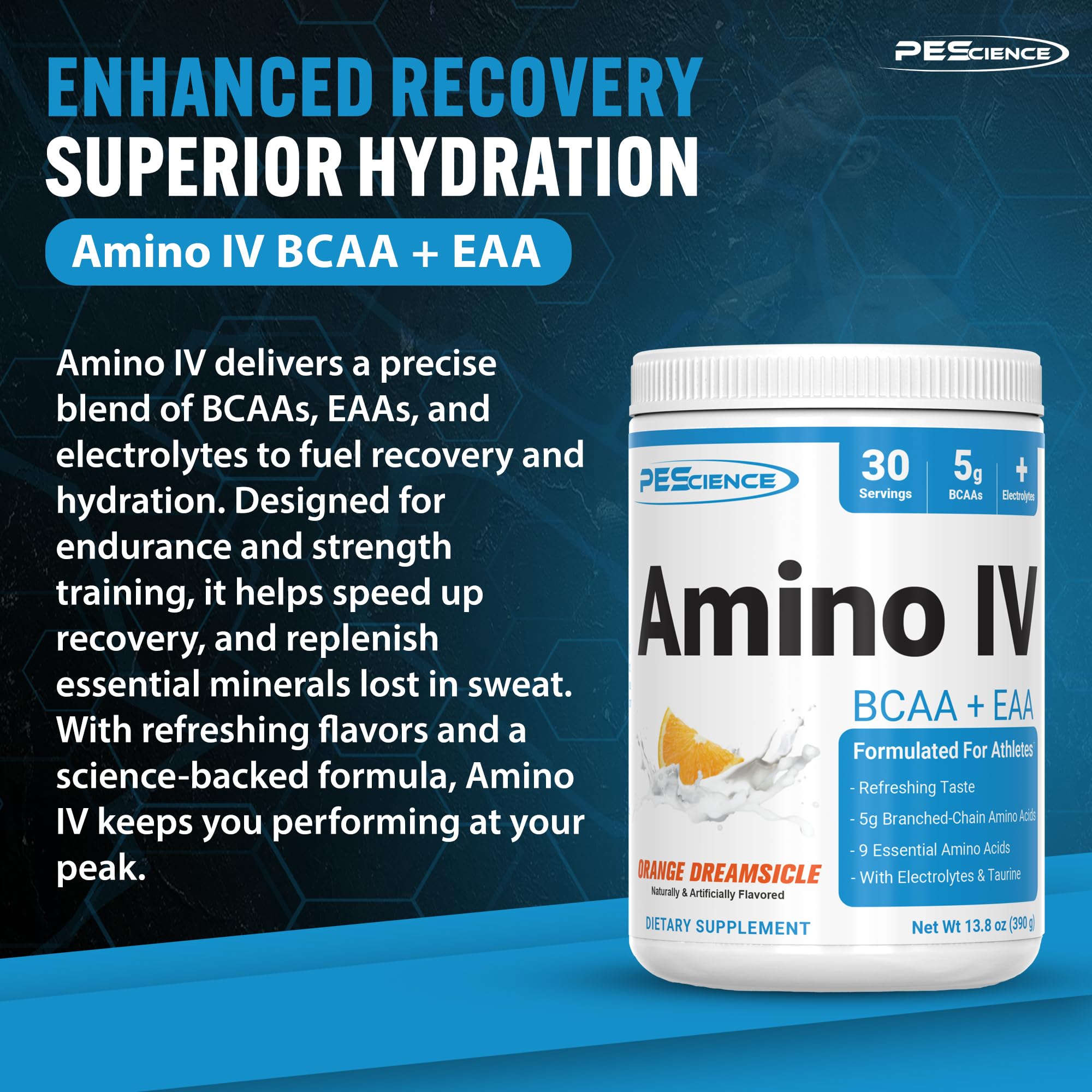 PEScience Amino IV BCAA + EAA Powder 454g side view