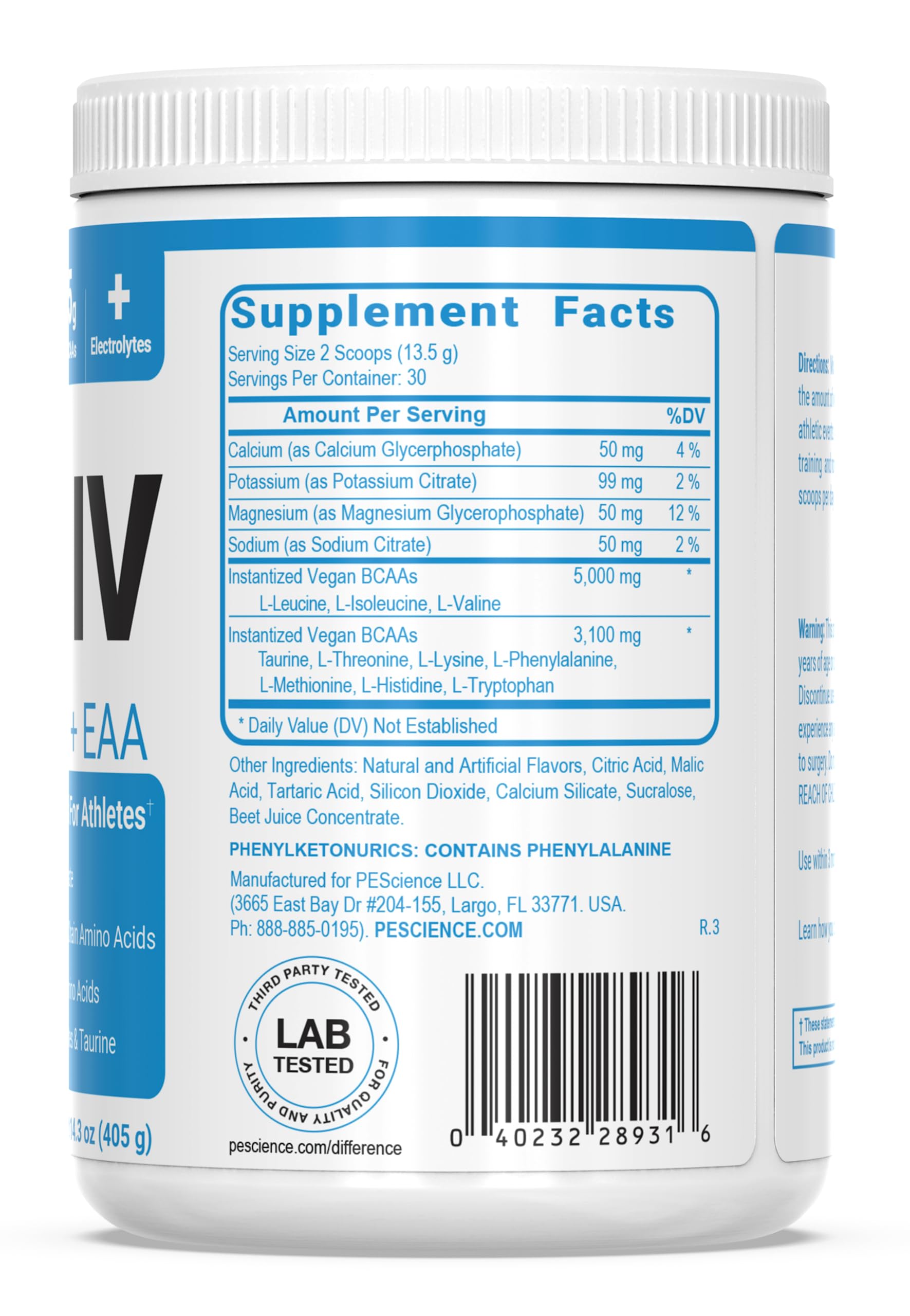 PEScience Amino IV BCAA + EAA Powder packaging