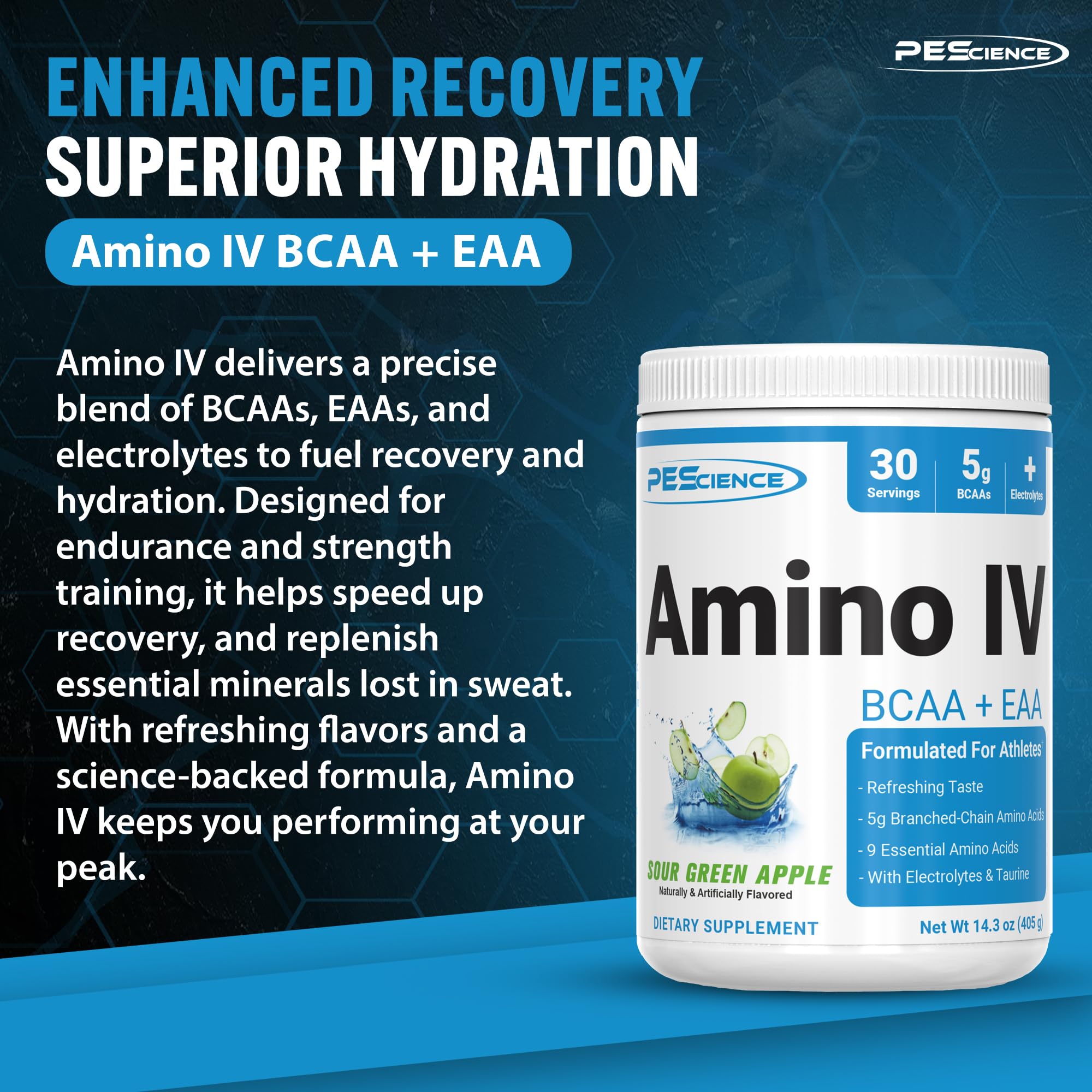 PEScience Amino IV BCAA & EAA Powder side view