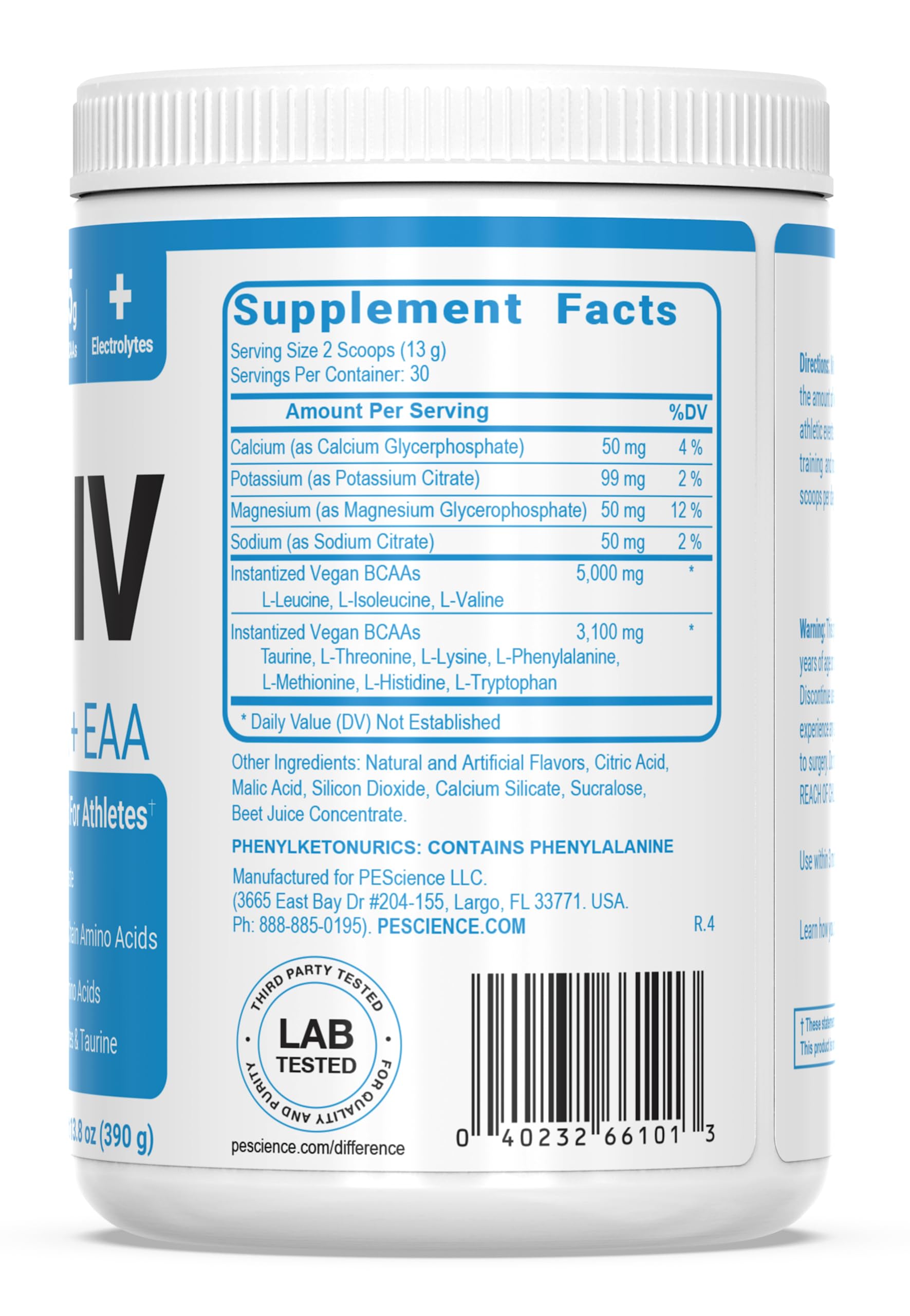 PEScience Amino IV BCAA + EAA Powder with workout gear