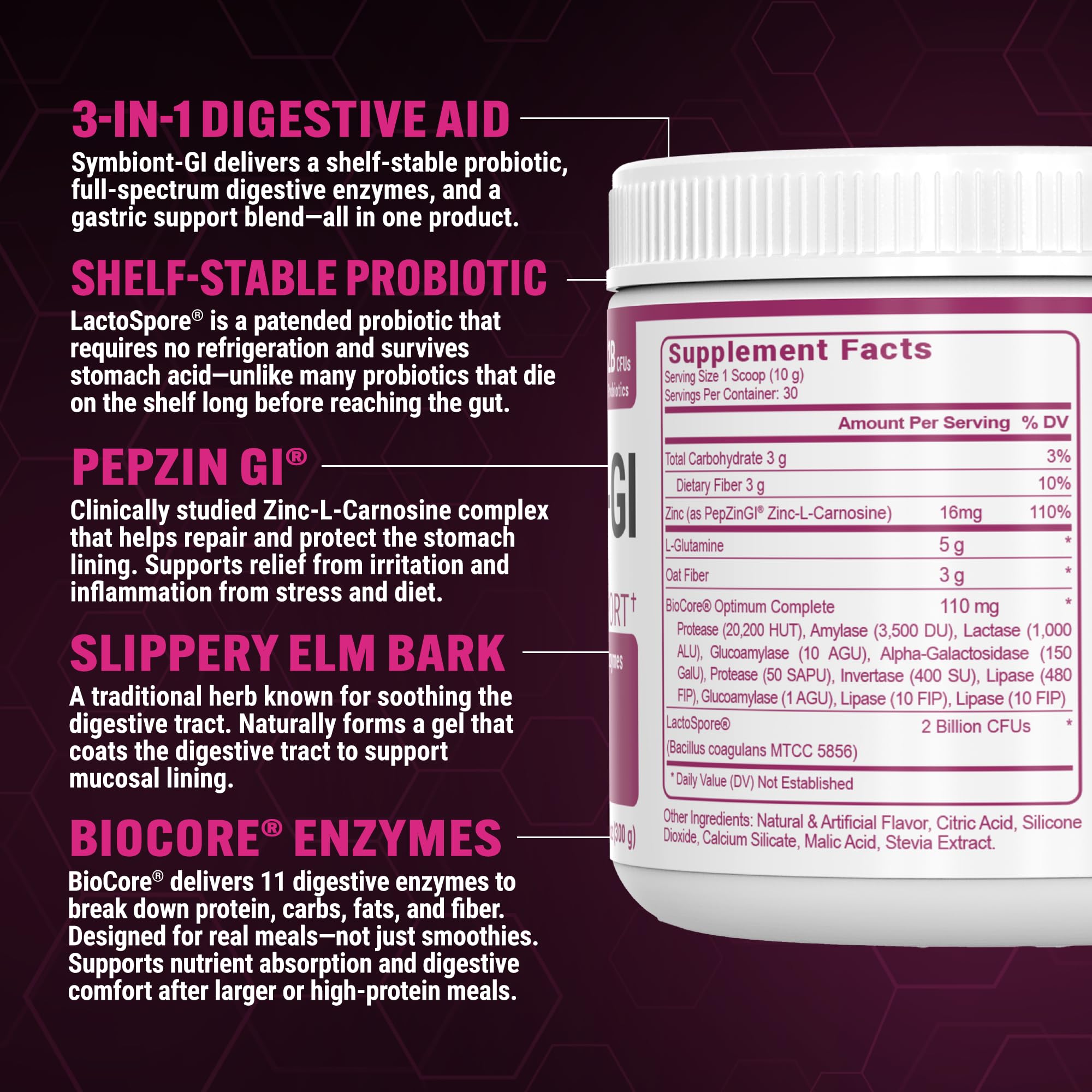 PEScience Multi-Enzyme Complex 300g side view with dosage information