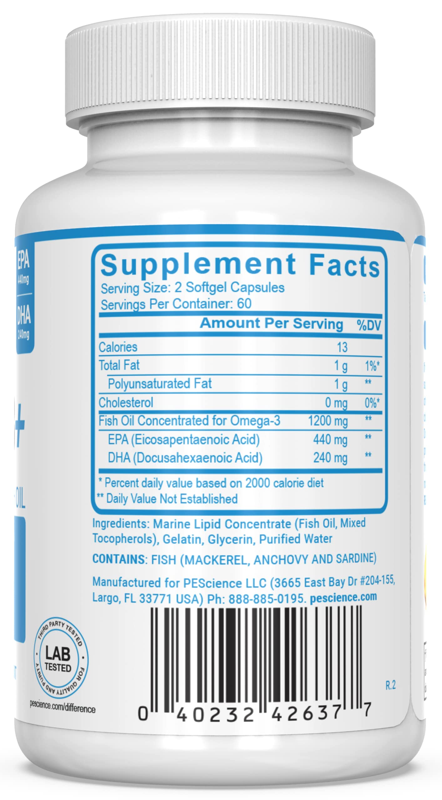 PEScience Omega3+ softgels bottle side view