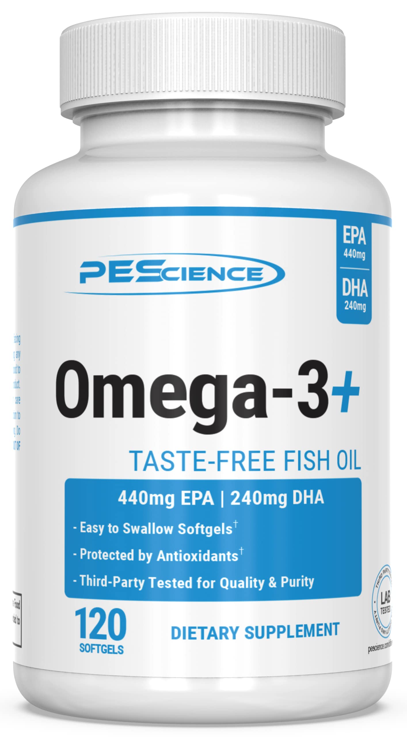 PEScience Omega3+ Triple Strength Fish Oil 1200mg softgels front view