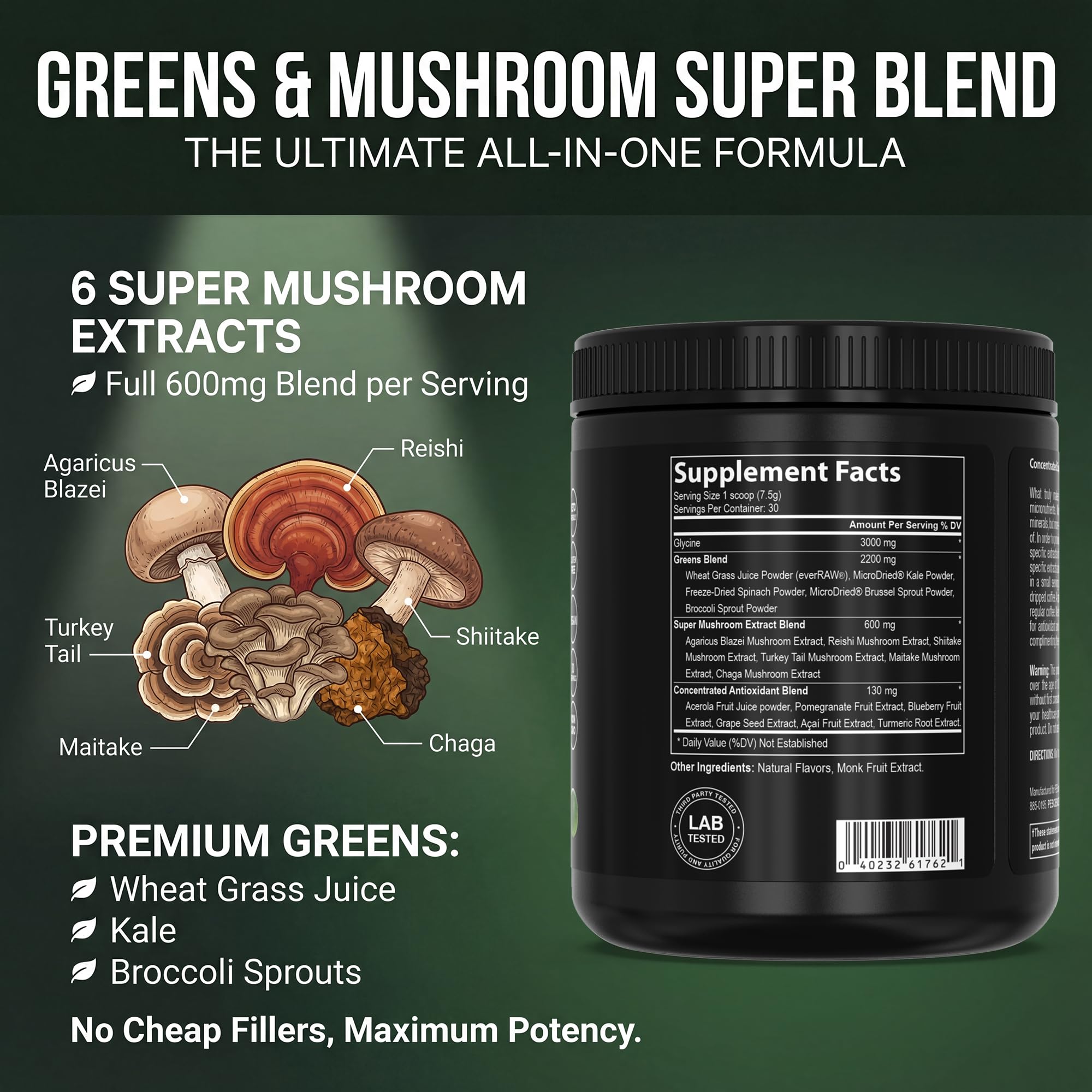 PEScience Super Greens & Mushroom Blend 240g in a glass of water