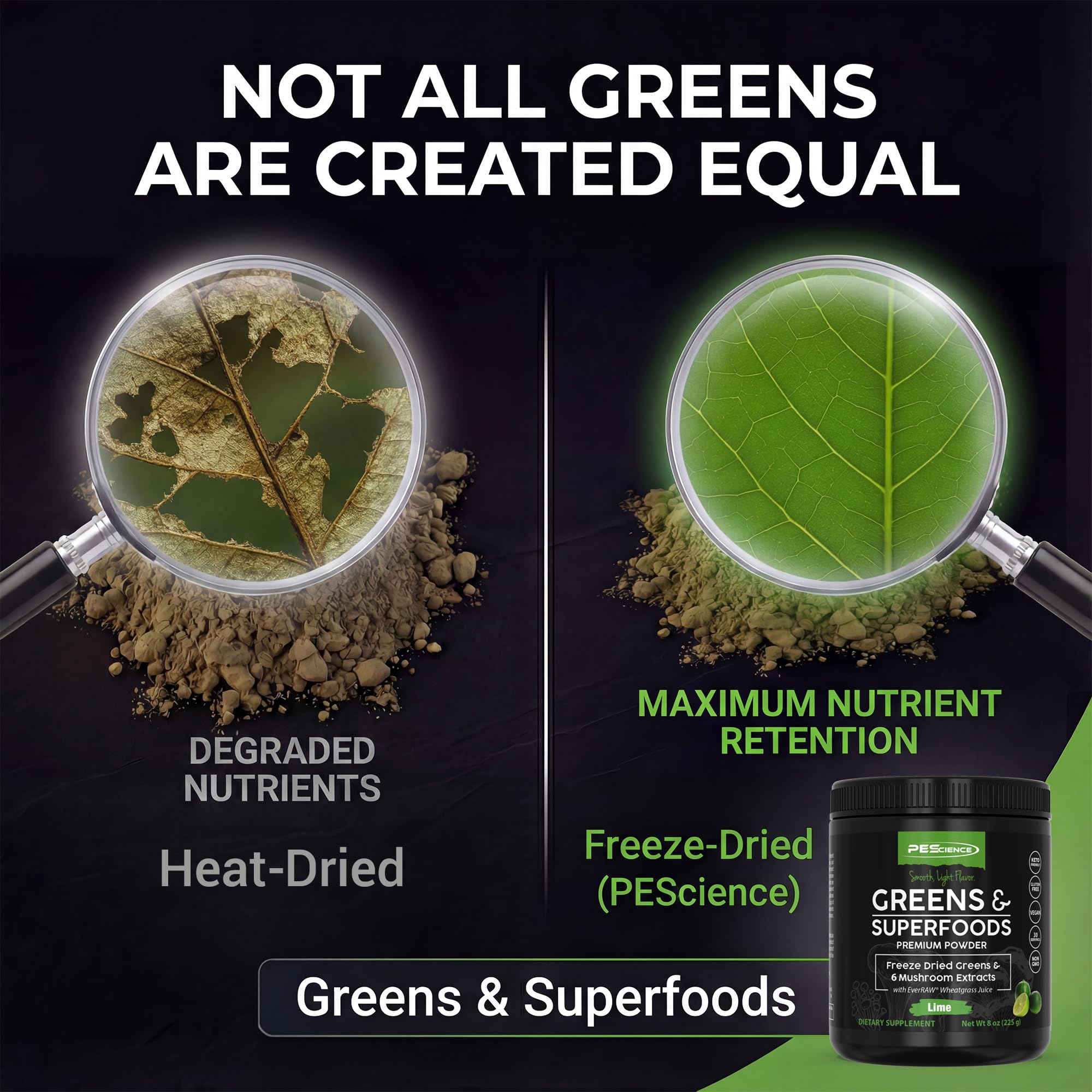 PEScience Super Greens & Mushroom Blend 240g scoop with powder